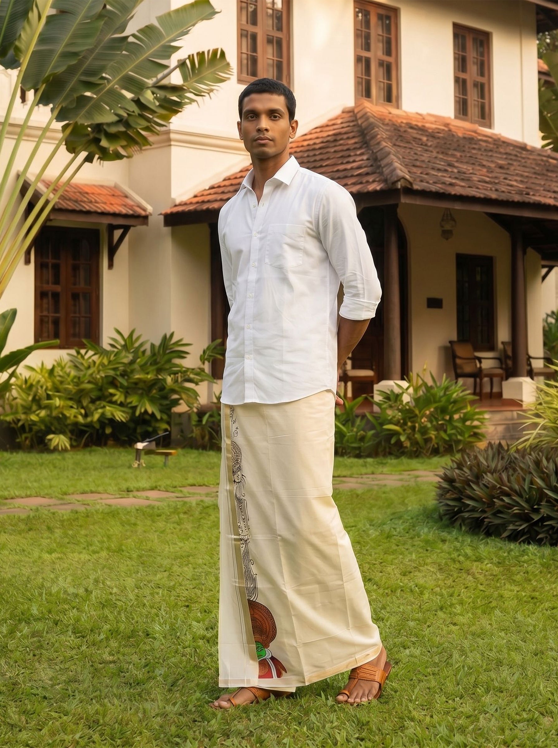 Men's Cotton Cream Traditional Art  Hand Painted With Antic Silver Kasavu Dhoti