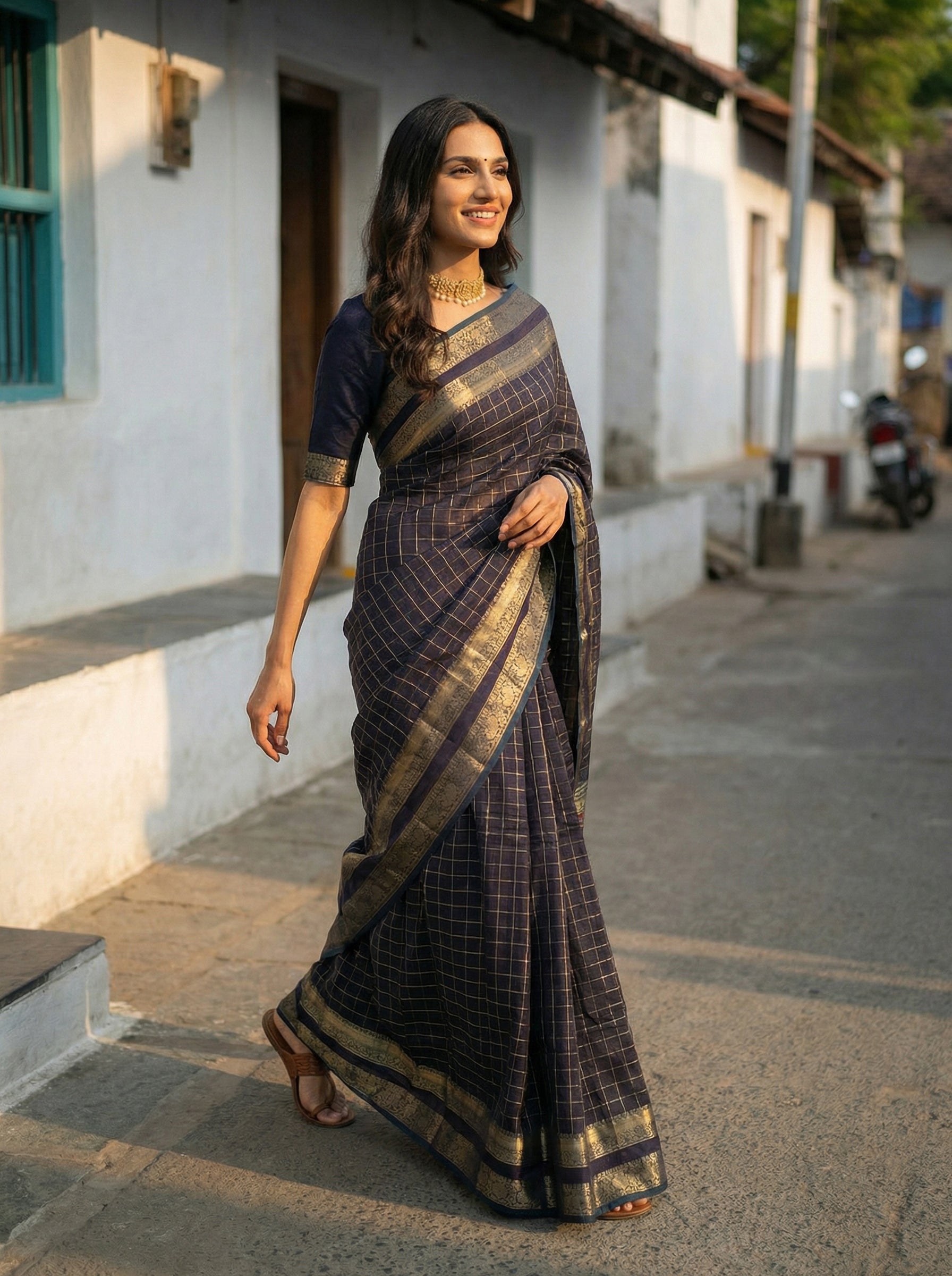 Cotton Silk Navy Saree with Subtle Grid Pattern