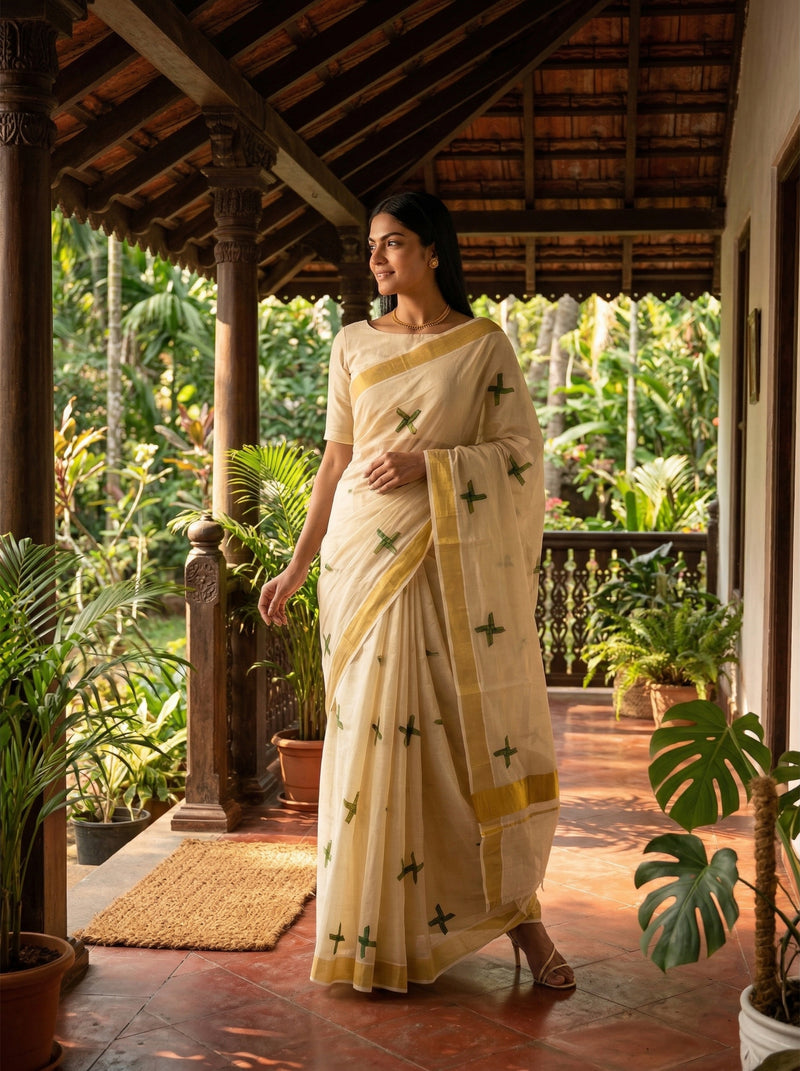 Woman in a traditional saree standing on a veranda with plants and greenery in the background