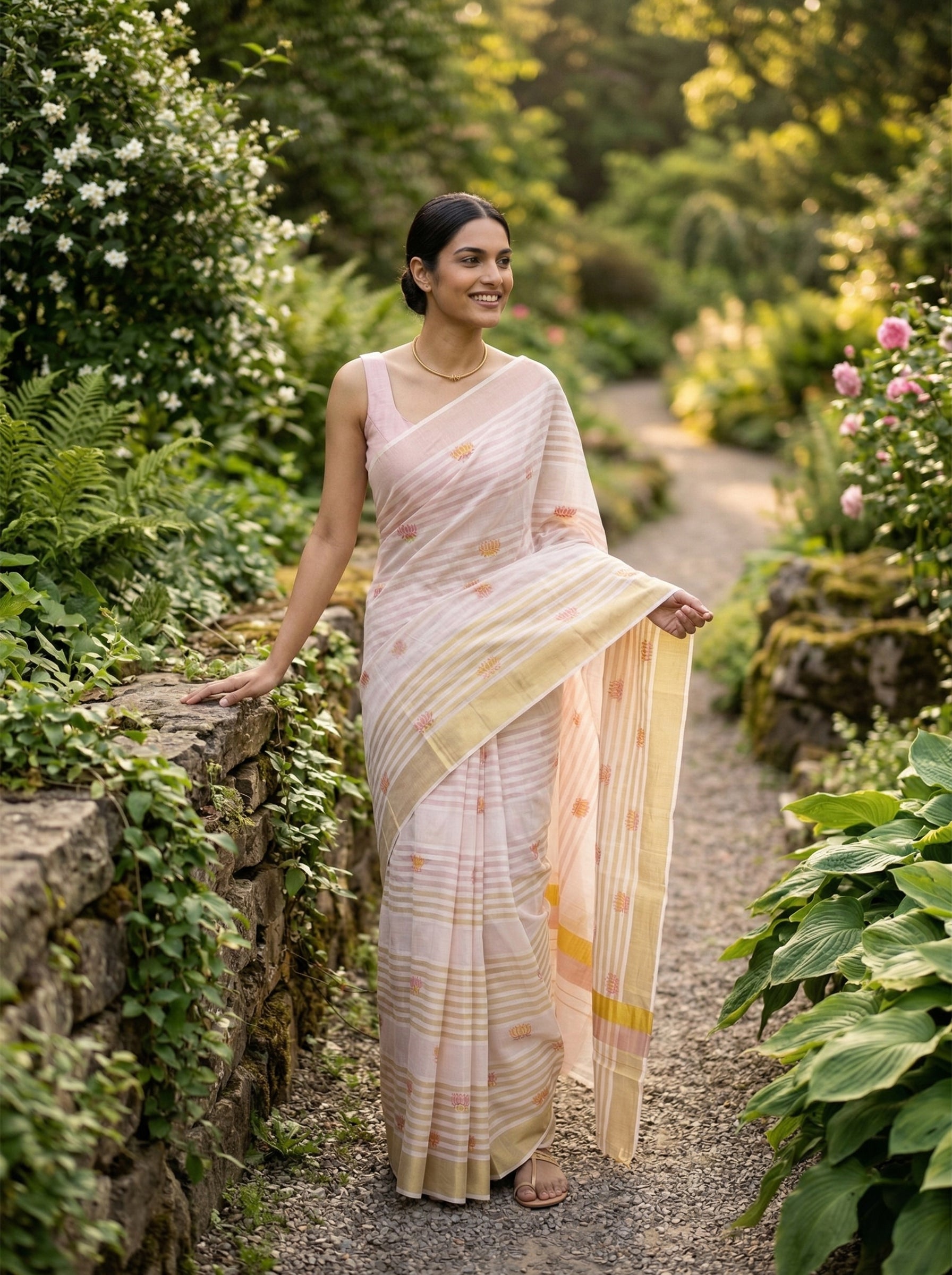 Woman in a light-colored saree standing in a garden