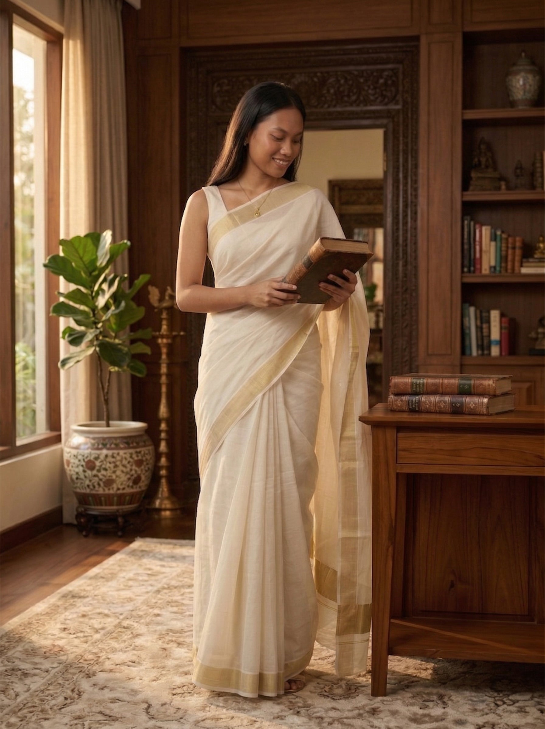 Woman in a white saree reading a book in a room with wooden furniture and plants.