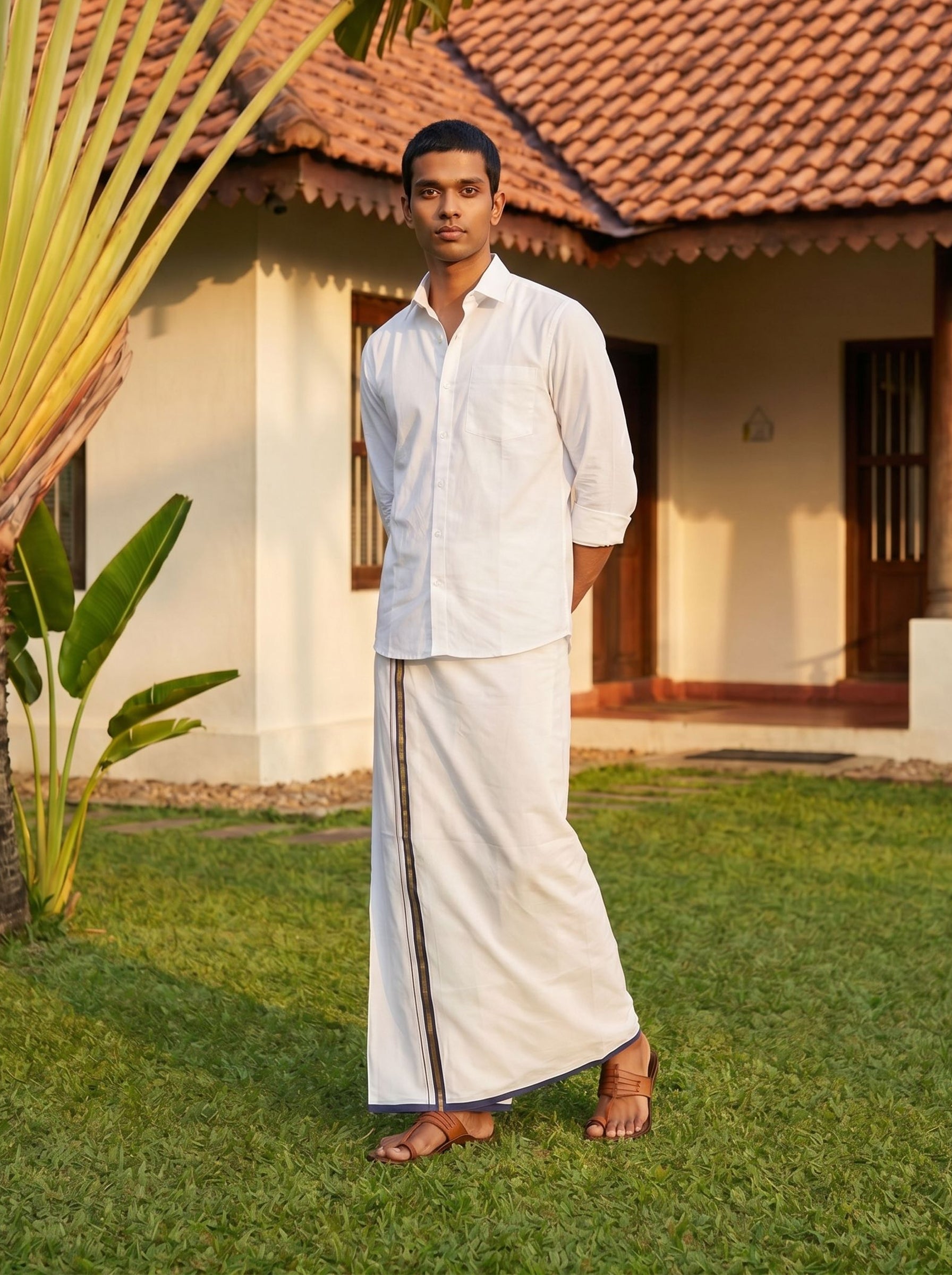 Men's Cotton White & Navy Blue Gold Striped Border Dhoti