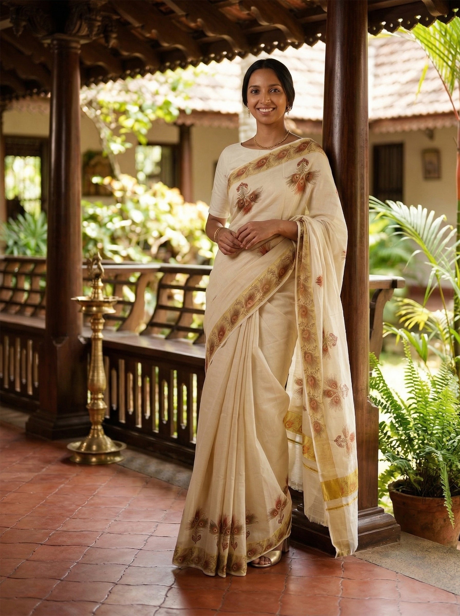 Woman in a white saree with brown patterns standing in a traditional setting.