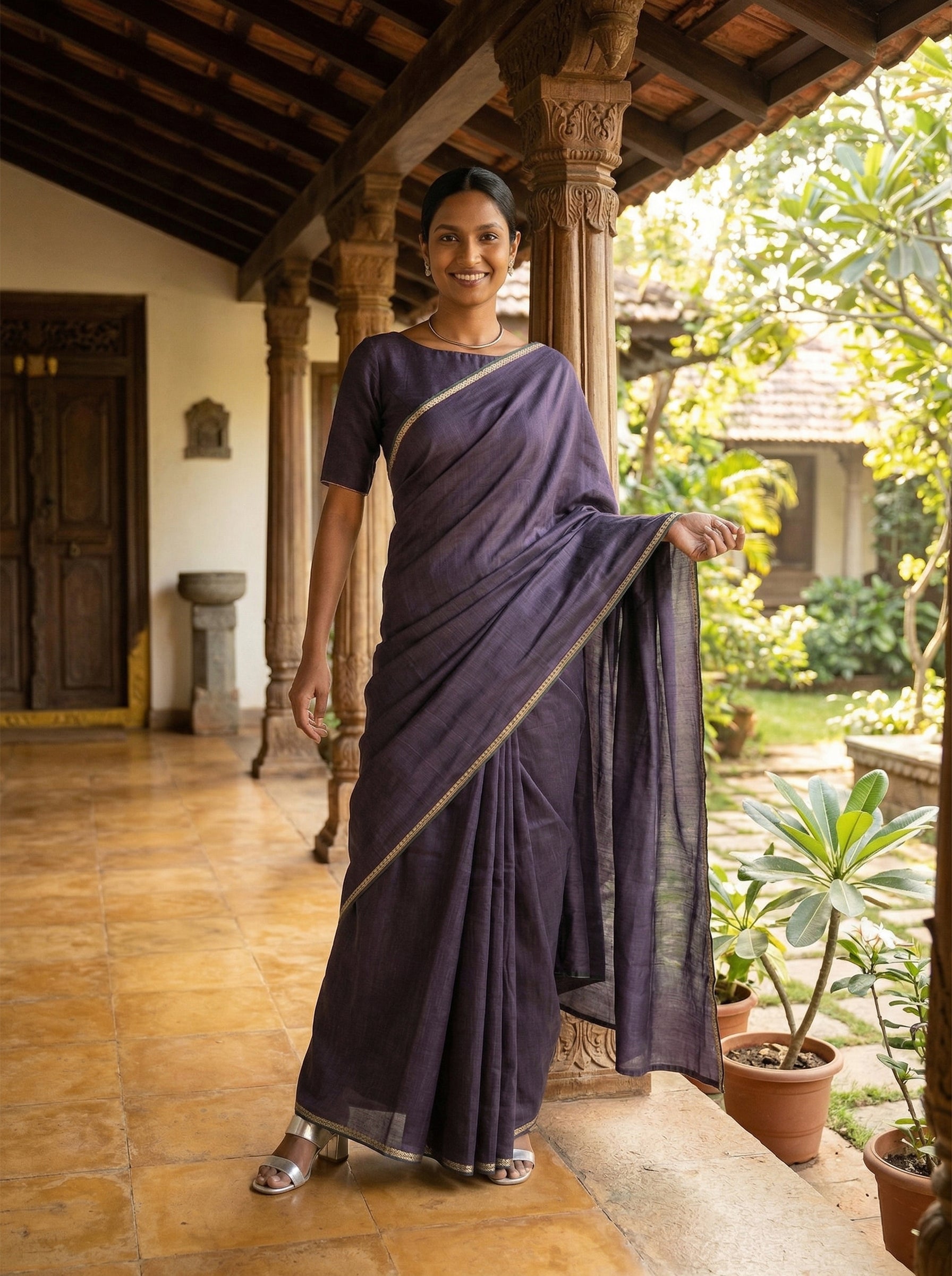 Woman in a dark blue saree standing in a traditional setting with plants and wooden architecture.