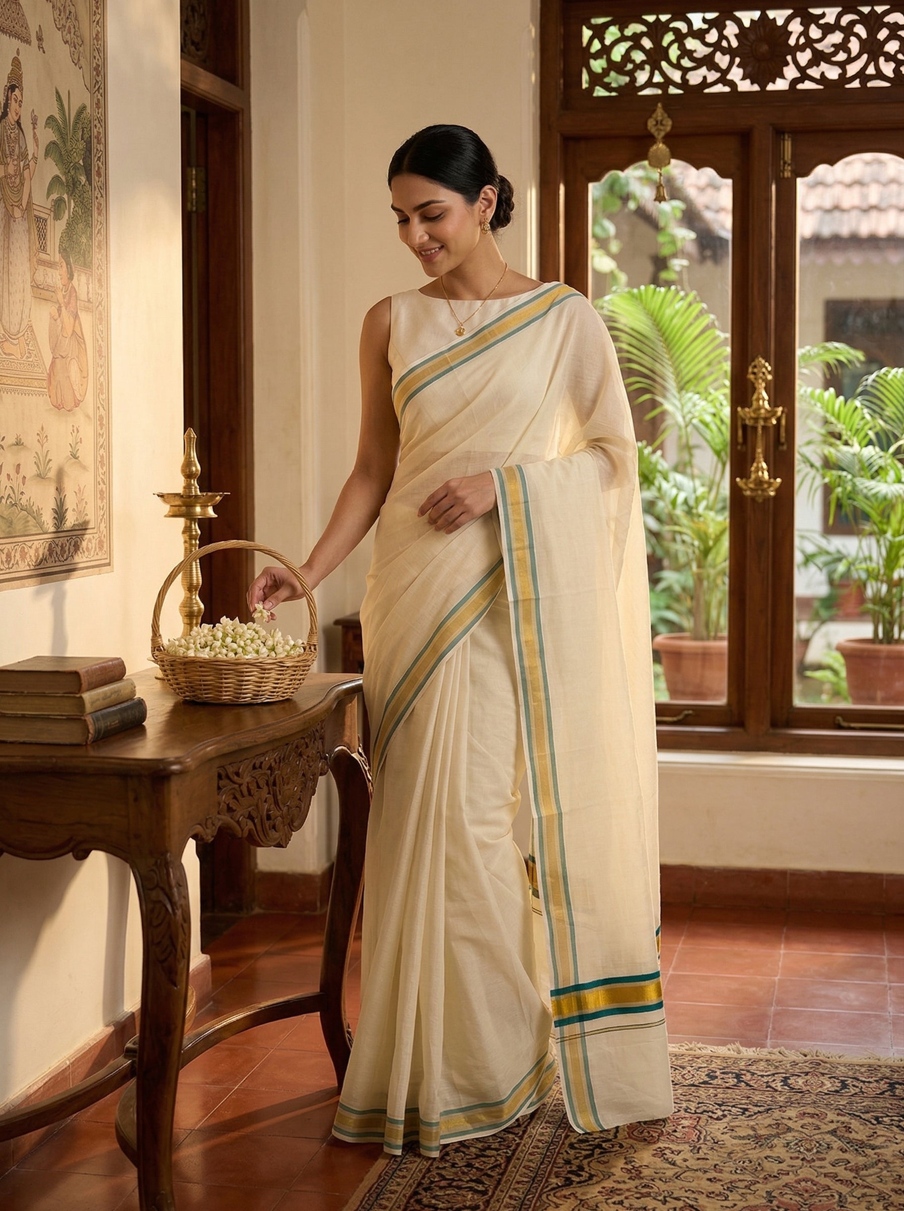 Woman in a traditional saree standing in a room with wooden furniture and decorative elements.