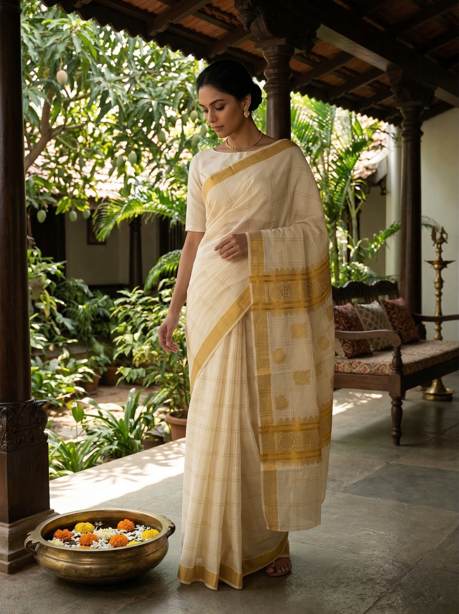 Woman in a traditional white and gold saree standing in a garden setting.
