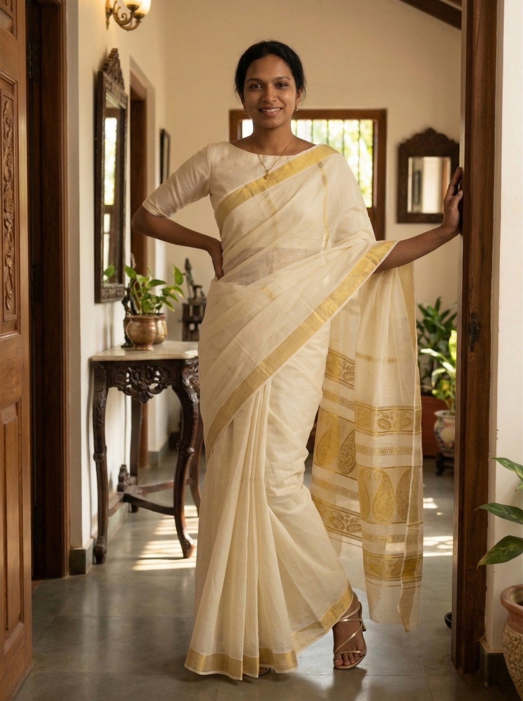 Woman in a white saree with gold border standing in a room with wooden furniture and plants.