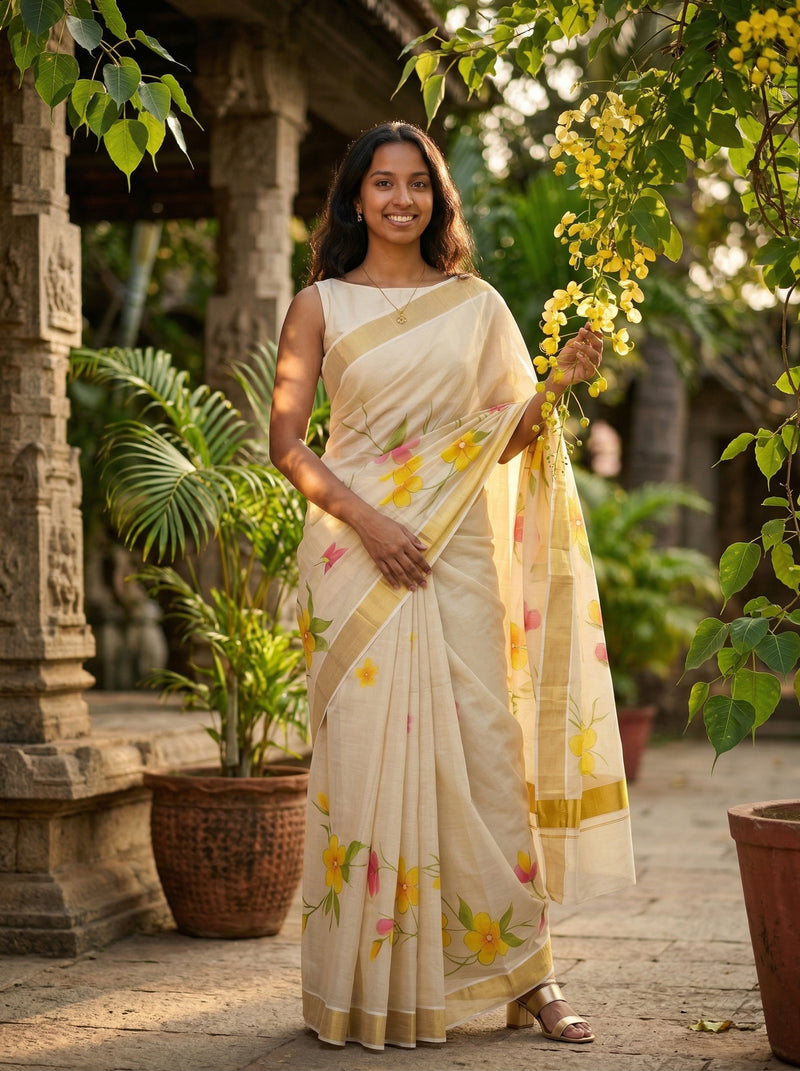 Cotton Cream Saree with Yellow Floral Print, Golden Border and Tassel Pallu