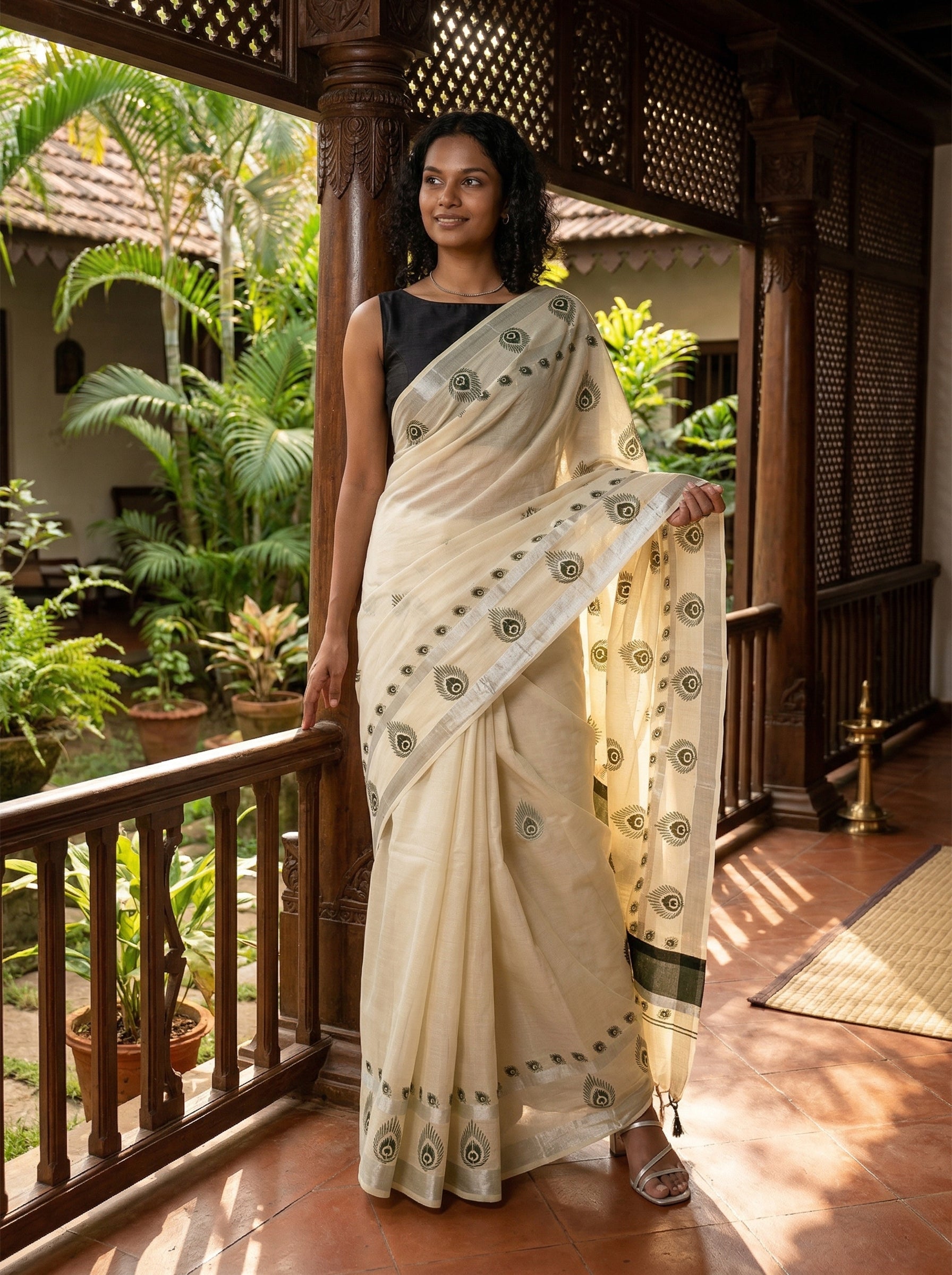 Woman in a white saree with black patterns standing on a wooden porch with plants in the background