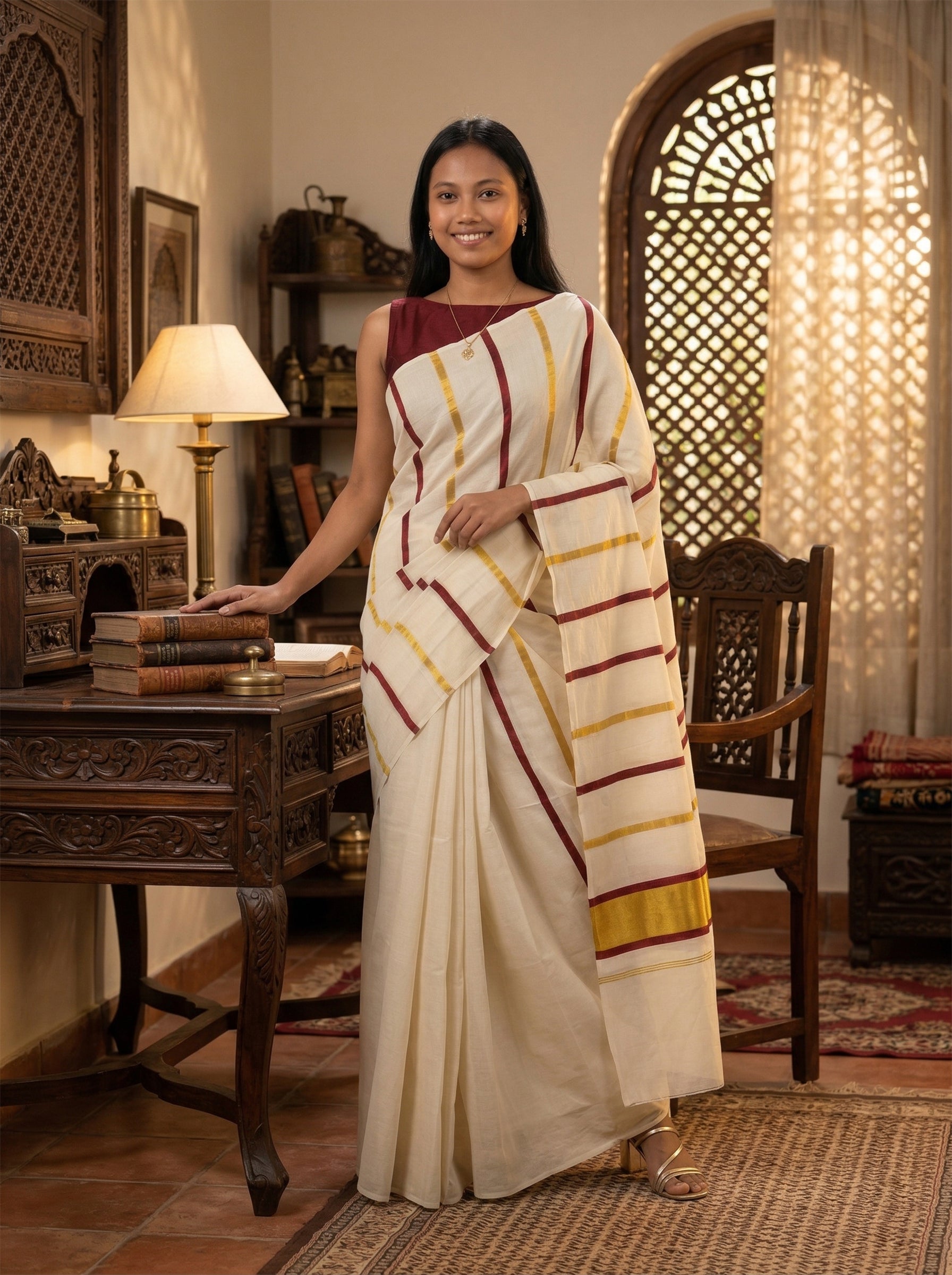 Woman in a traditional saree standing in a room with wooden furniture and decorative elements.