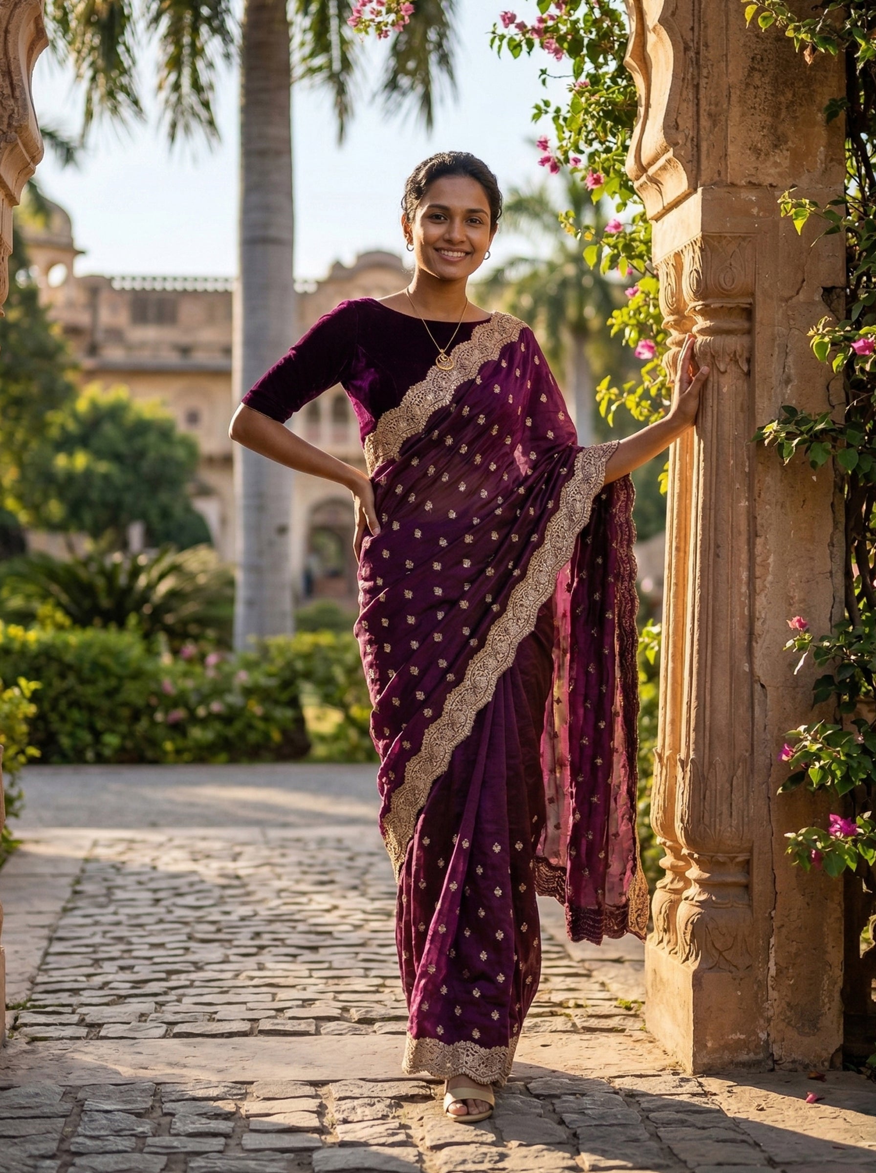 Woman in a purple saree standing outdoors with stone architecture and greenery in the background