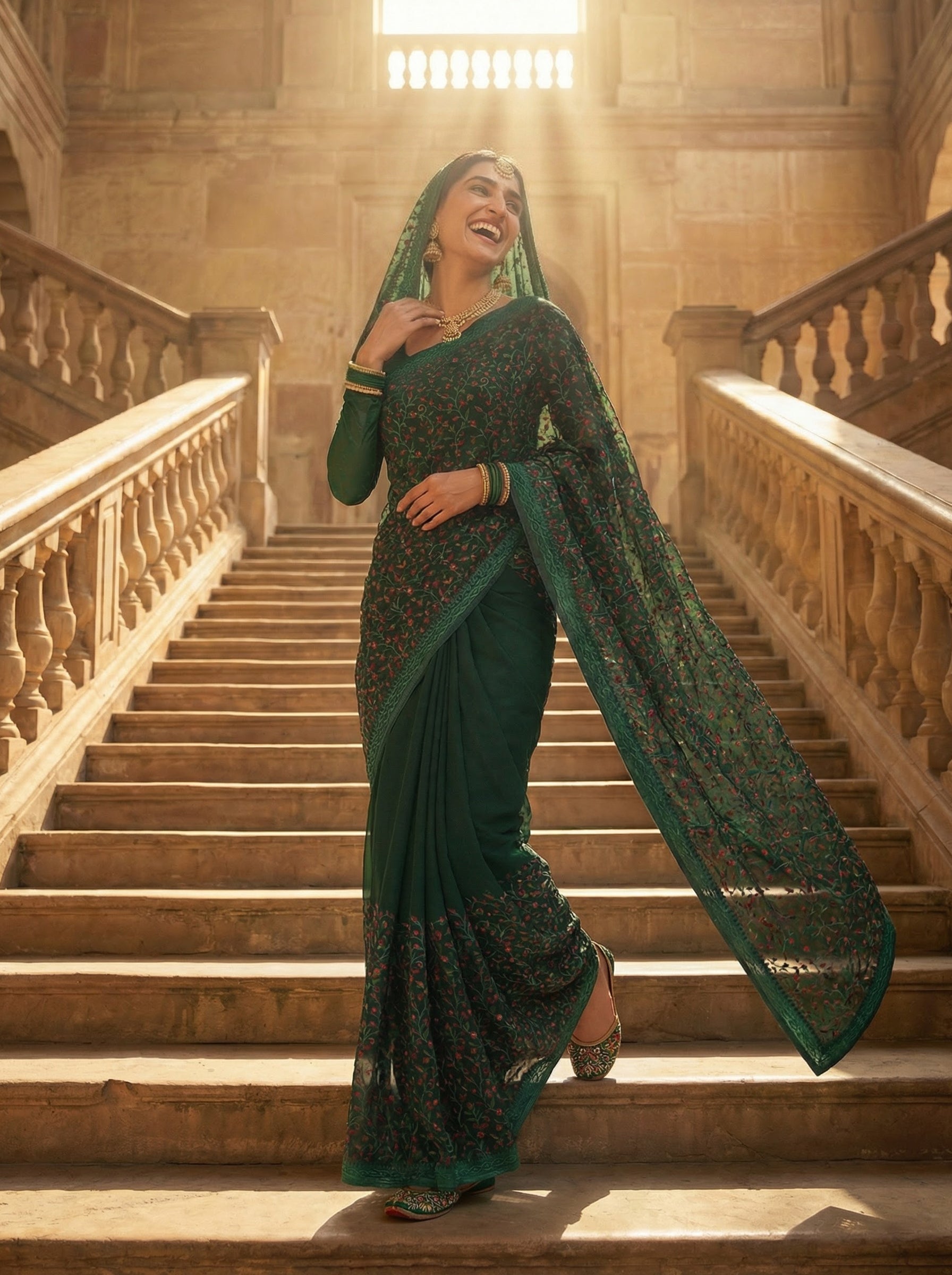 Forest Green Red Embellished Saree