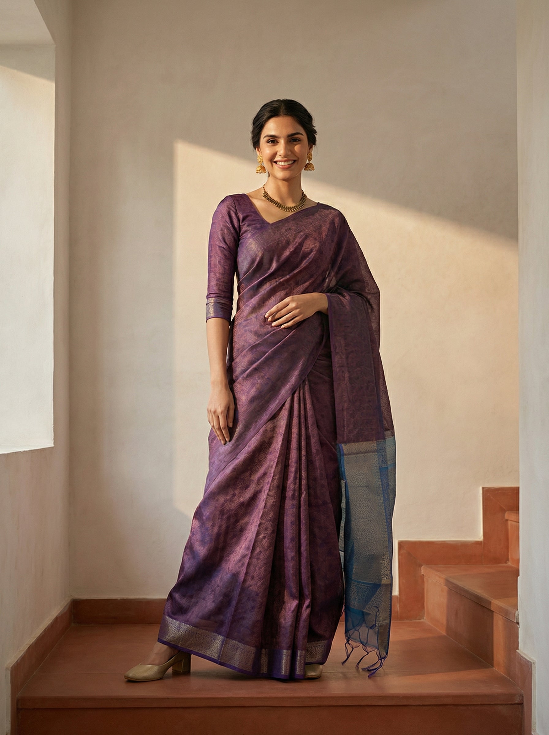 Synthetic Purple Traditional Saree with Woven Pattern