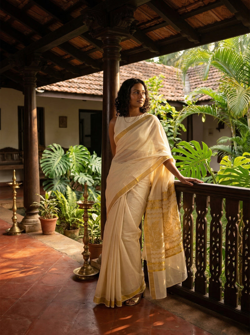 Woman in a white saree standing on a veranda with greenery in the background