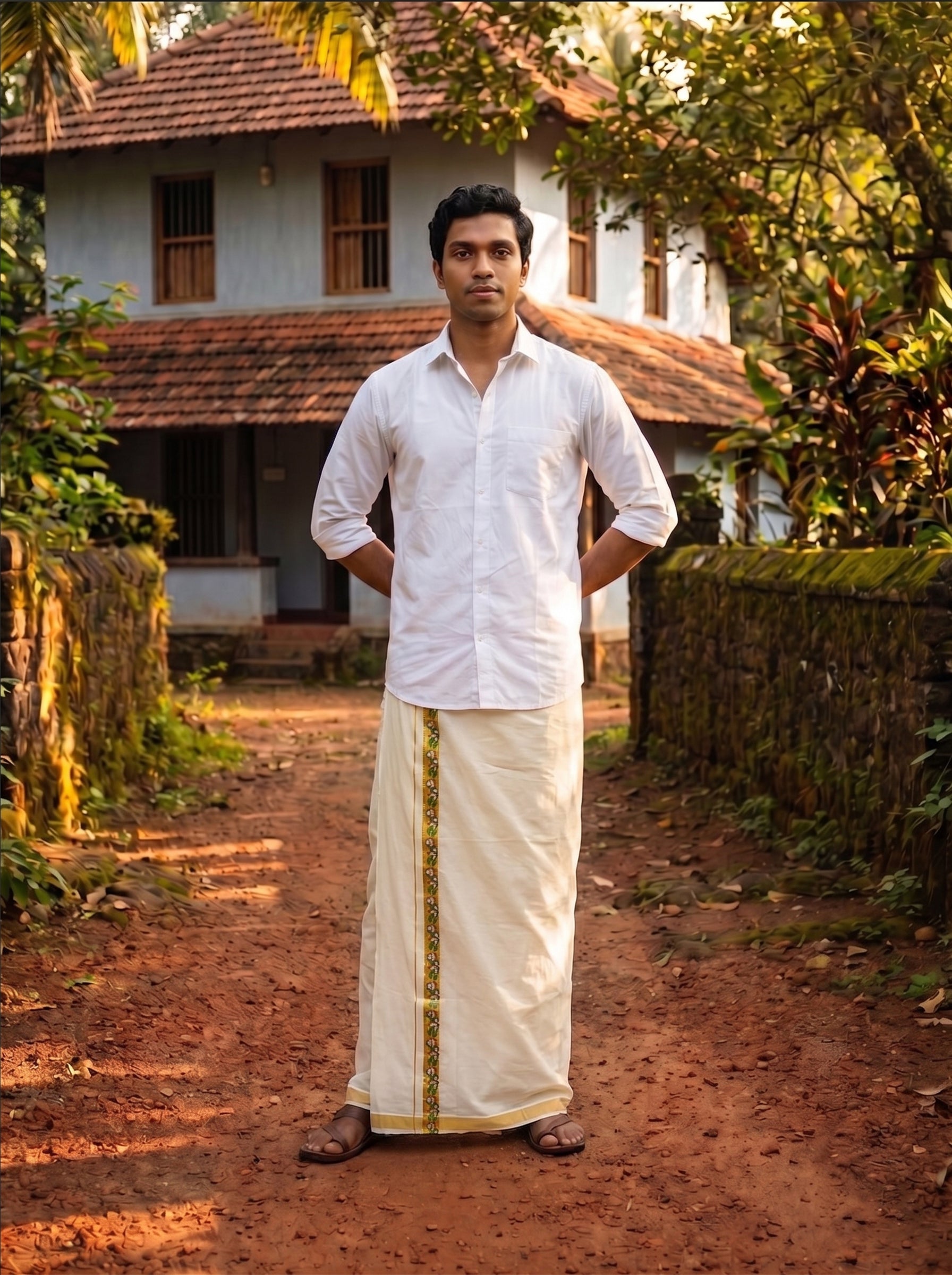 Men's Cotton Cream Golden Kasavu Dhoti With Floral Sticker Print
