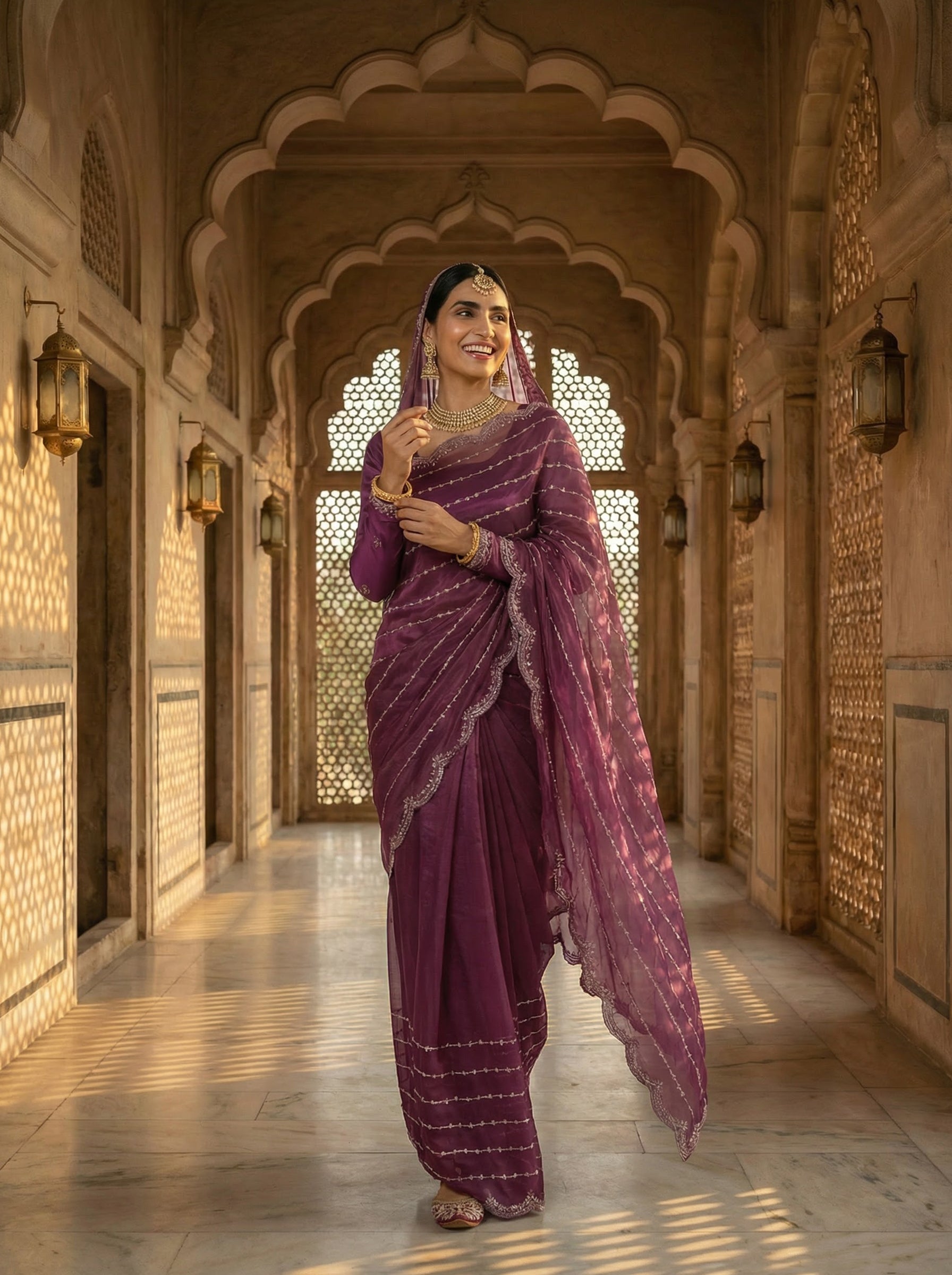 Imperial Wine Gold Sequin Embroidered Designer Saree