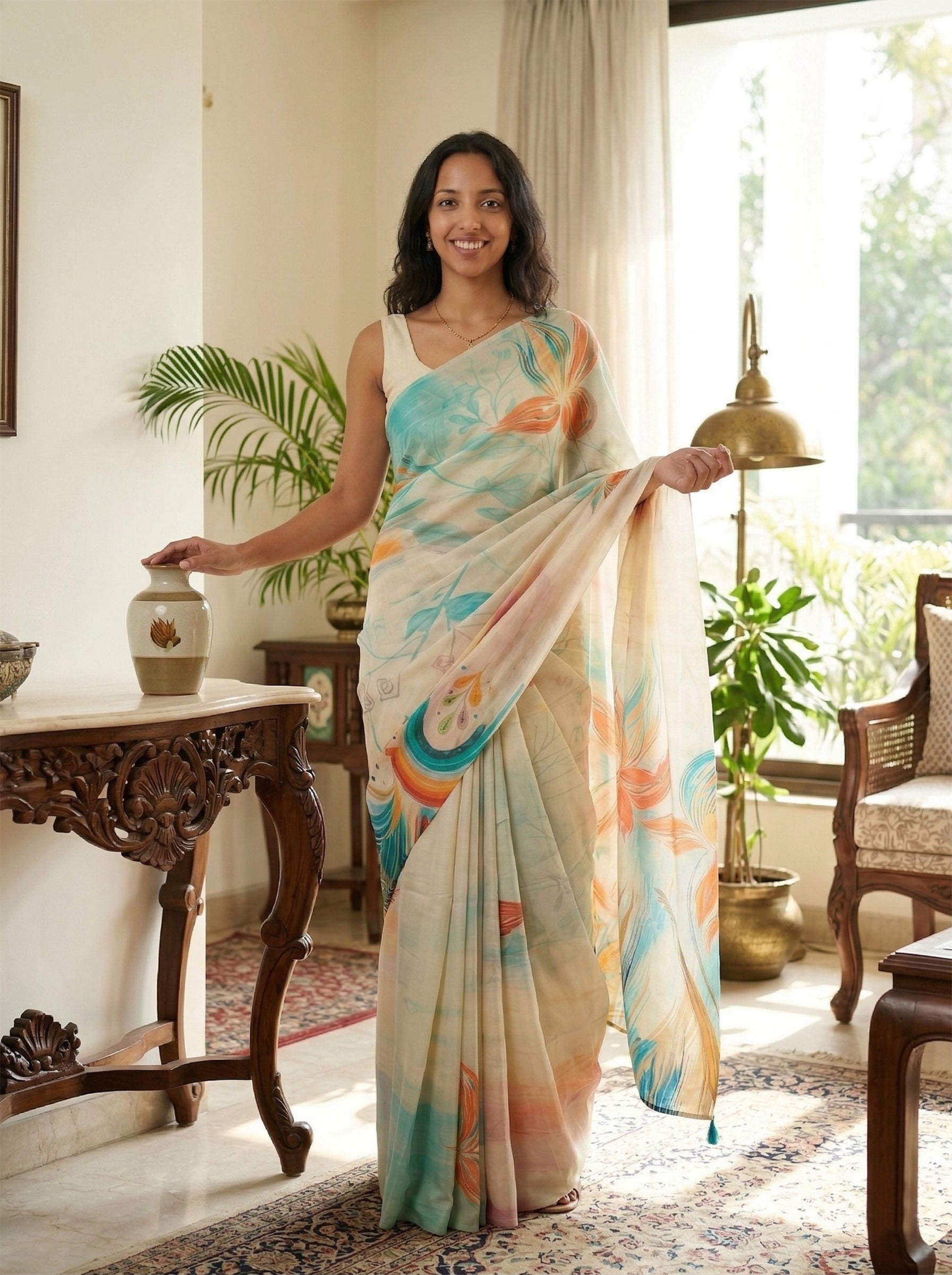 Organza Cream Floral Digital Print Saree