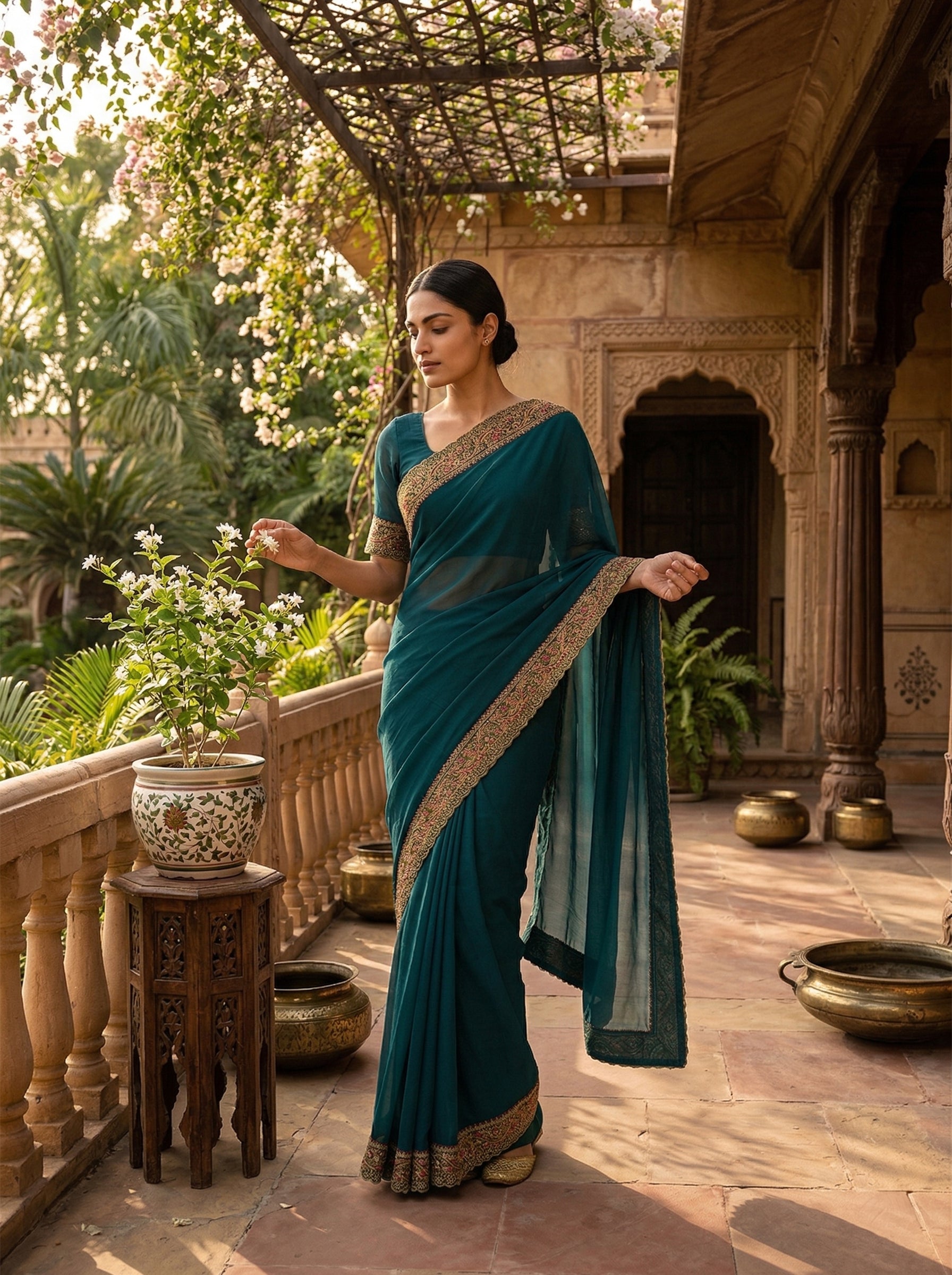 Woman in a teal saree standing on a balcony with architectural elements and plants in the background