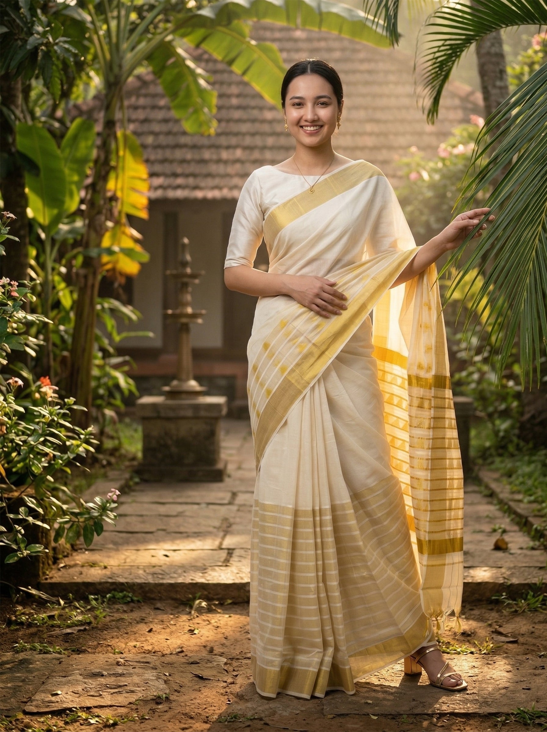 Woman in a white and yellow saree standing in a garden