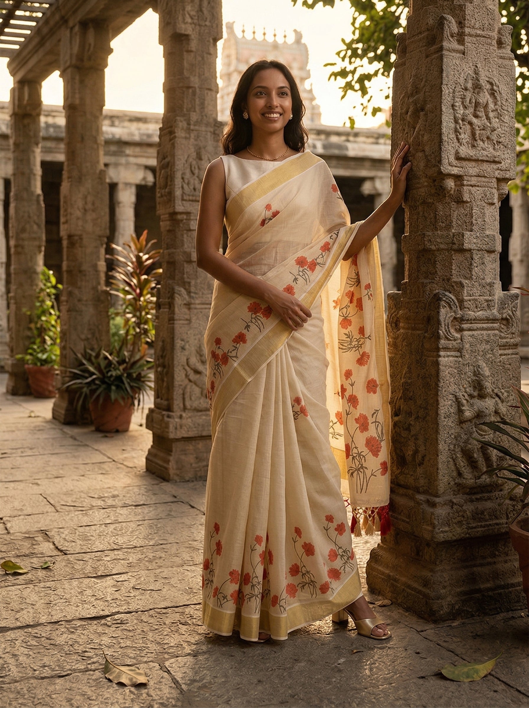 Woman in a traditional saree standing in an ancient temple setting
