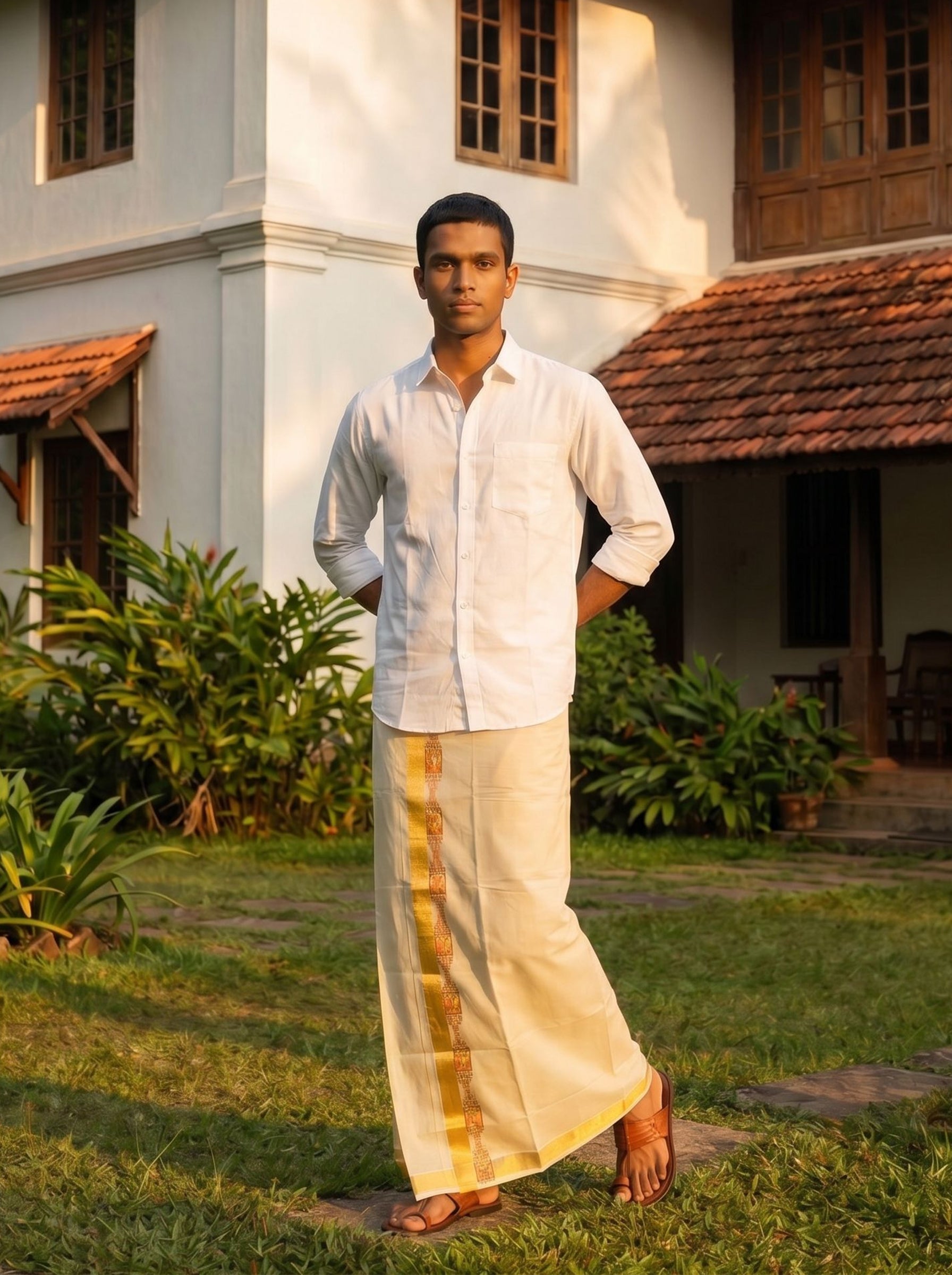 Men's Tissue Cream Golden Kasavu Border Lord Krishna Sticker Print Kerala Dhoti
