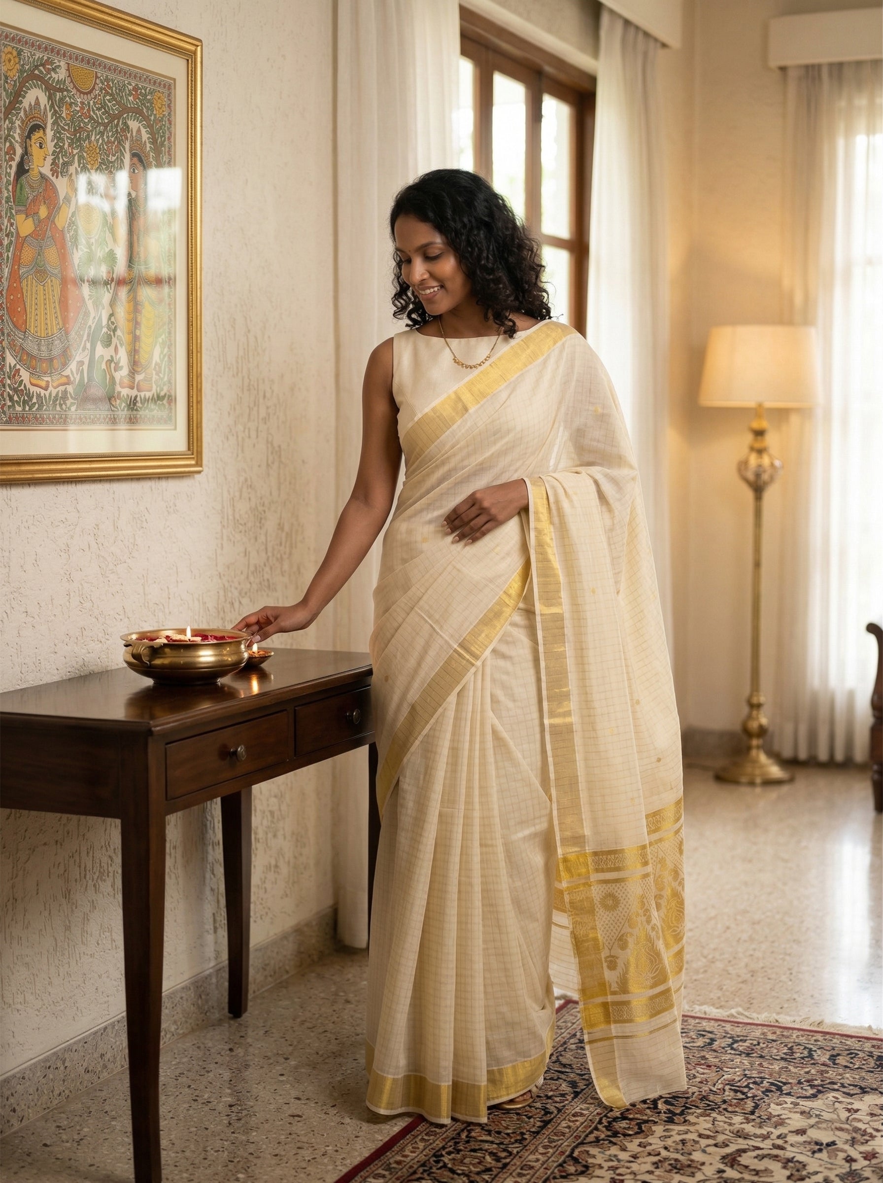 Woman in a white saree with yellow border standing in a room with a painting on the wall.