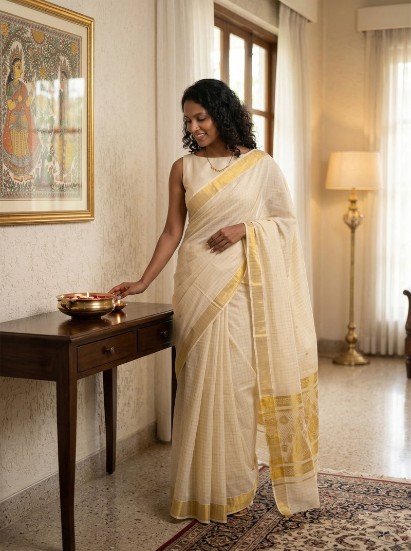 Woman in a white saree with yellow border standing in a room with a painting on the wall.