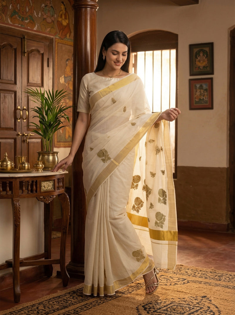 Woman in a white saree with gold accents standing in a room with wooden furniture and decor.