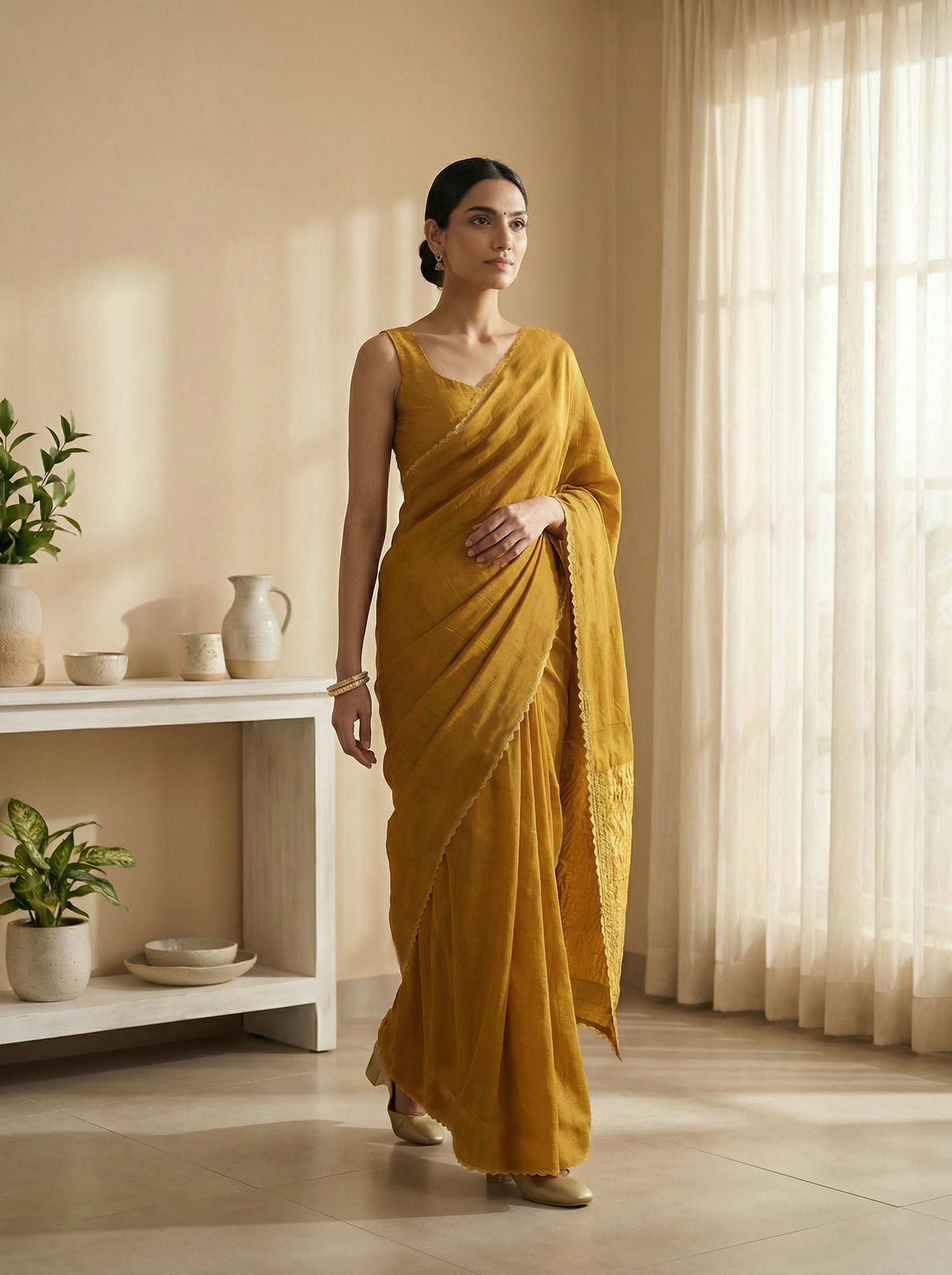Modal Mustard Yellow Scallop Border Saree
