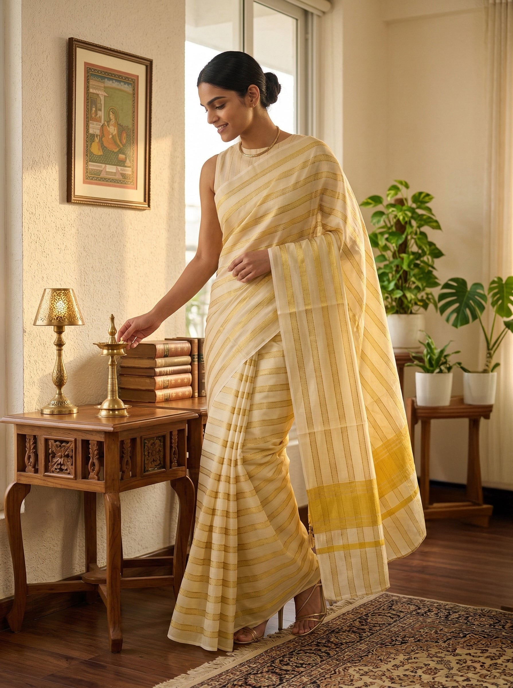 Woman in a yellow saree in a room with decor elements