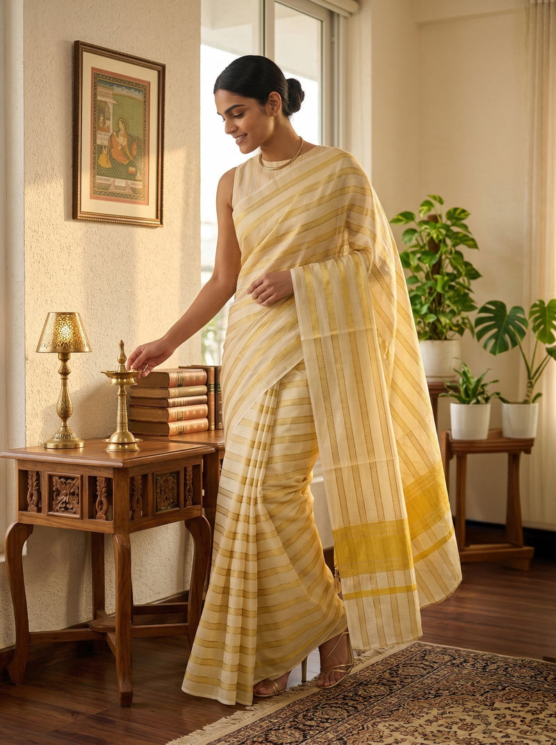 Woman in a yellow saree in a room with decor elements