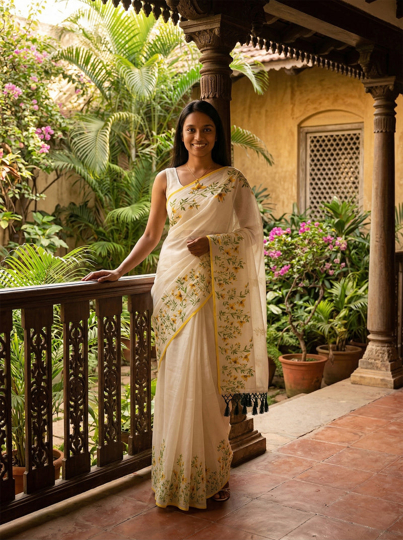 Woman in a white saree with floral patterns standing on a balcony with greenery.