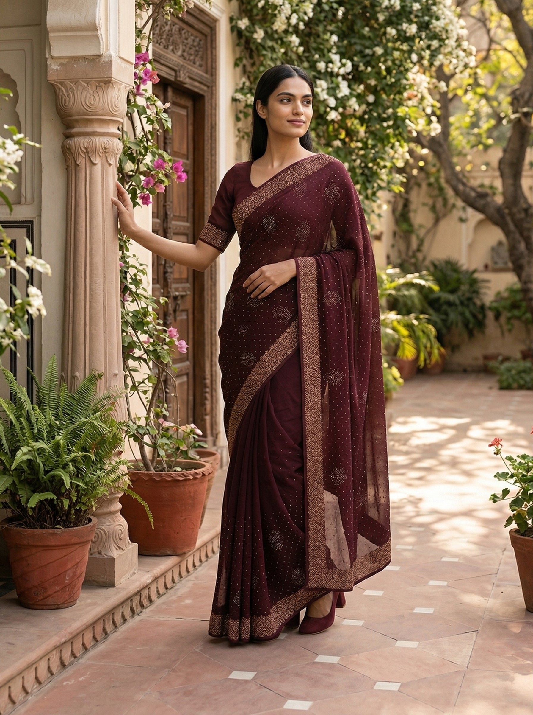 Woman in a maroon saree standing in a garden setting