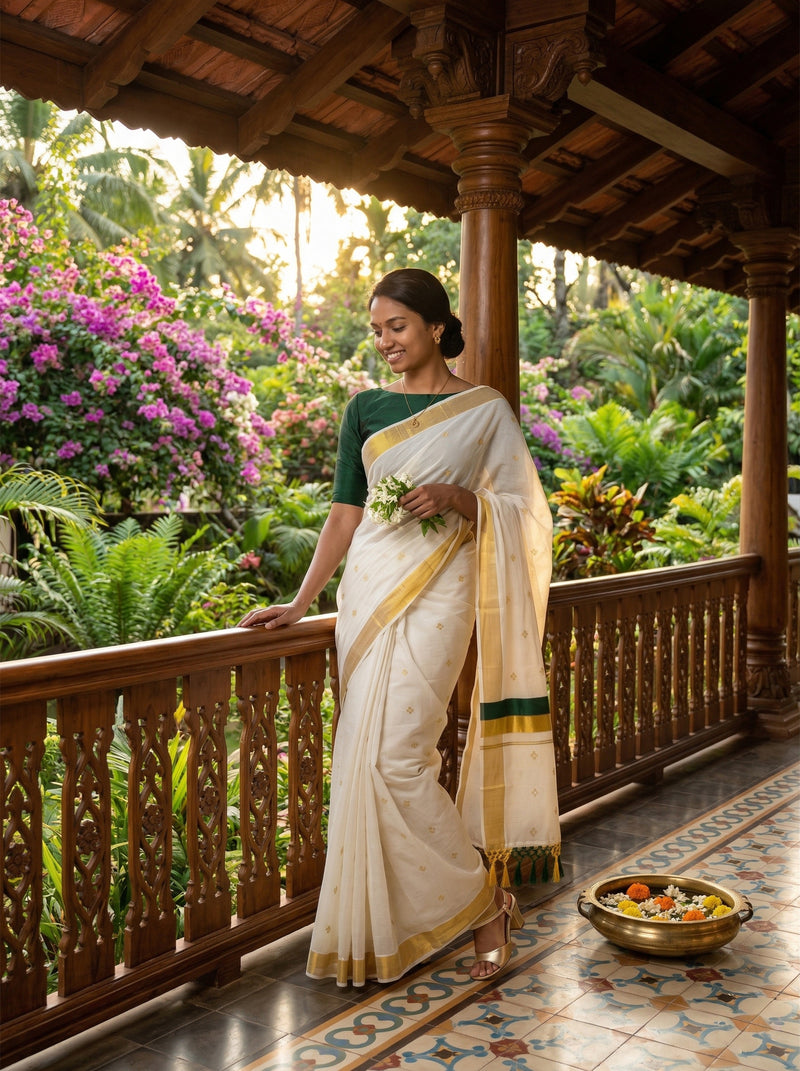 Woman in a traditional saree standing on a balcony with a garden view