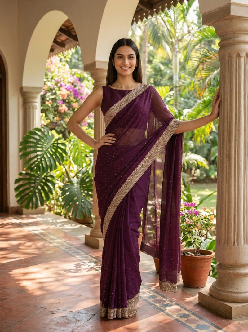 Woman in a purple saree standing in a garden setting