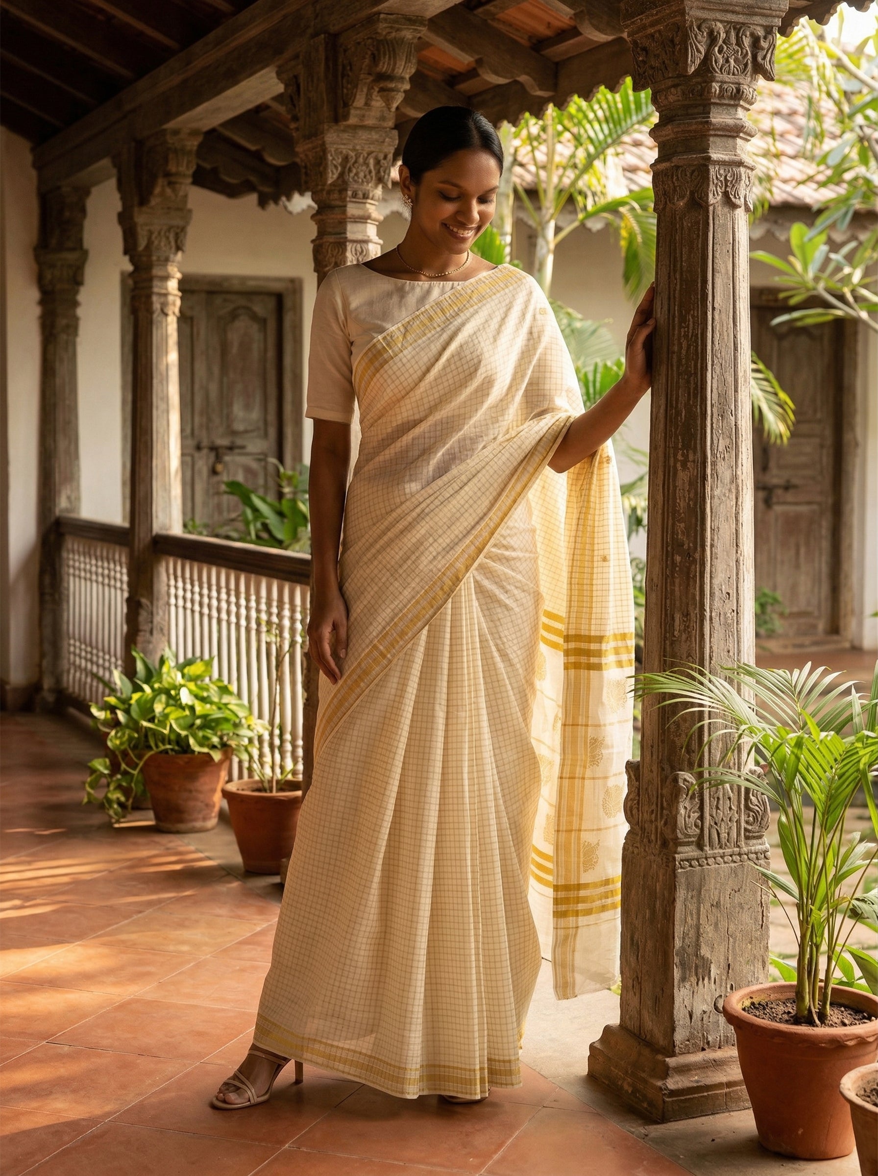 Woman in a white saree standing in a traditional setting with wooden pillars and plants.