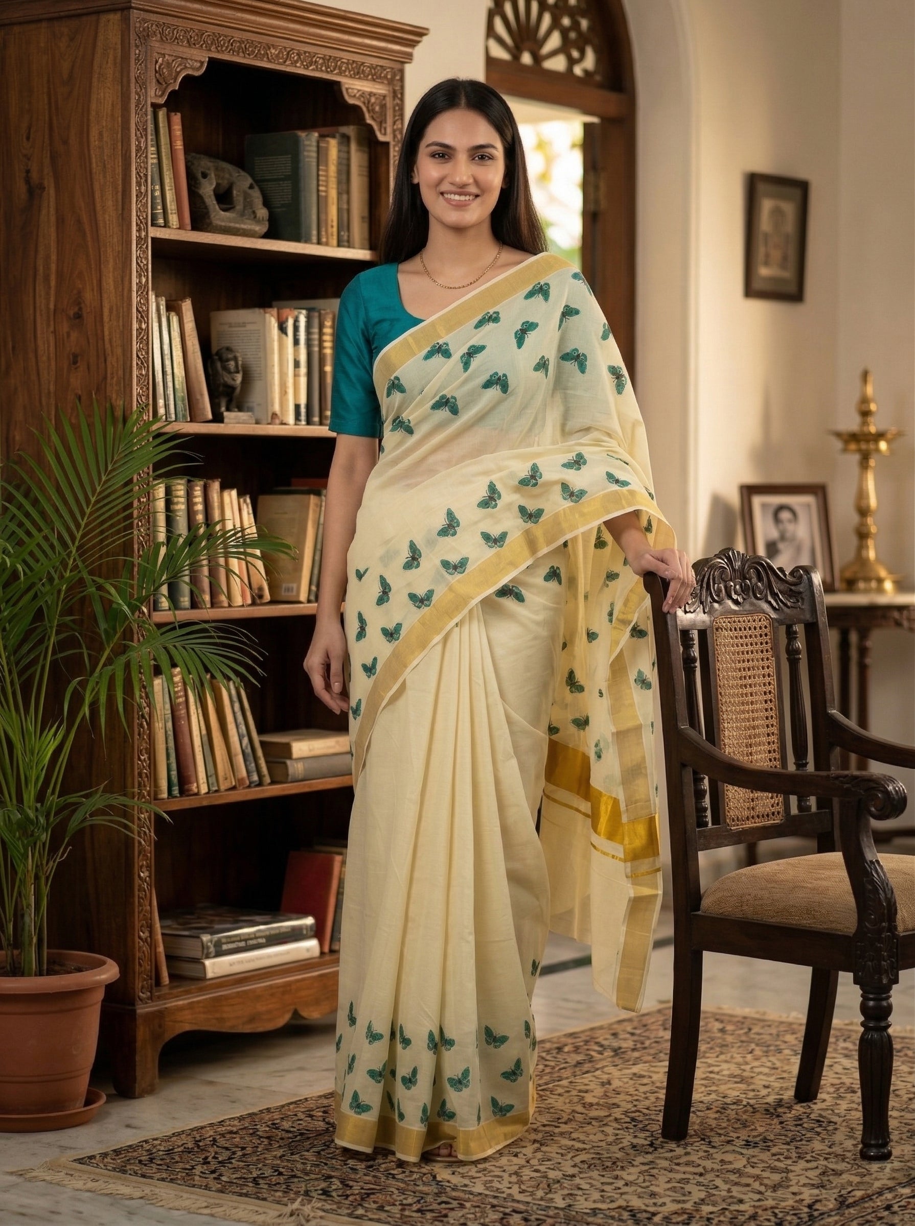 Woman in a cream saree with green patterns standing in a room with wooden furniture and books.
