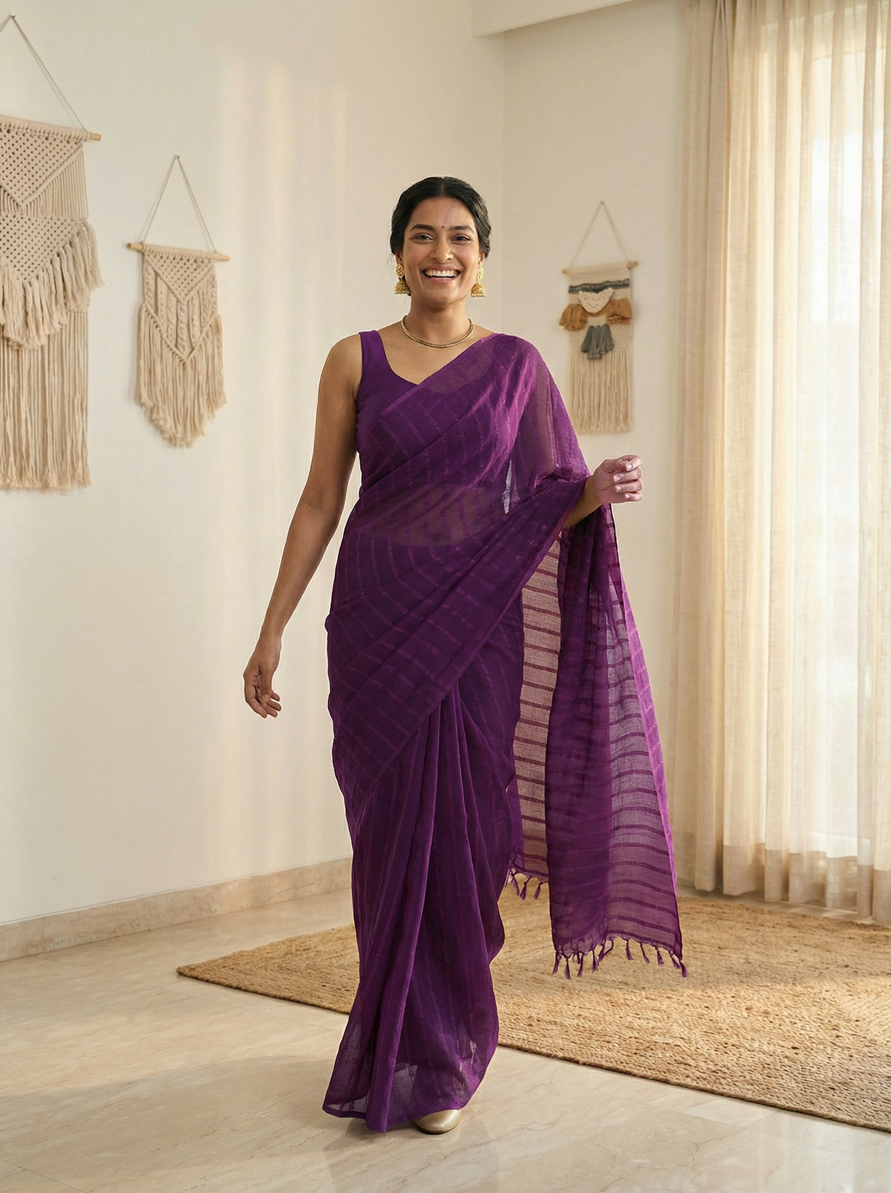 Synthetic Violet Saree with Minimal Stripe Design