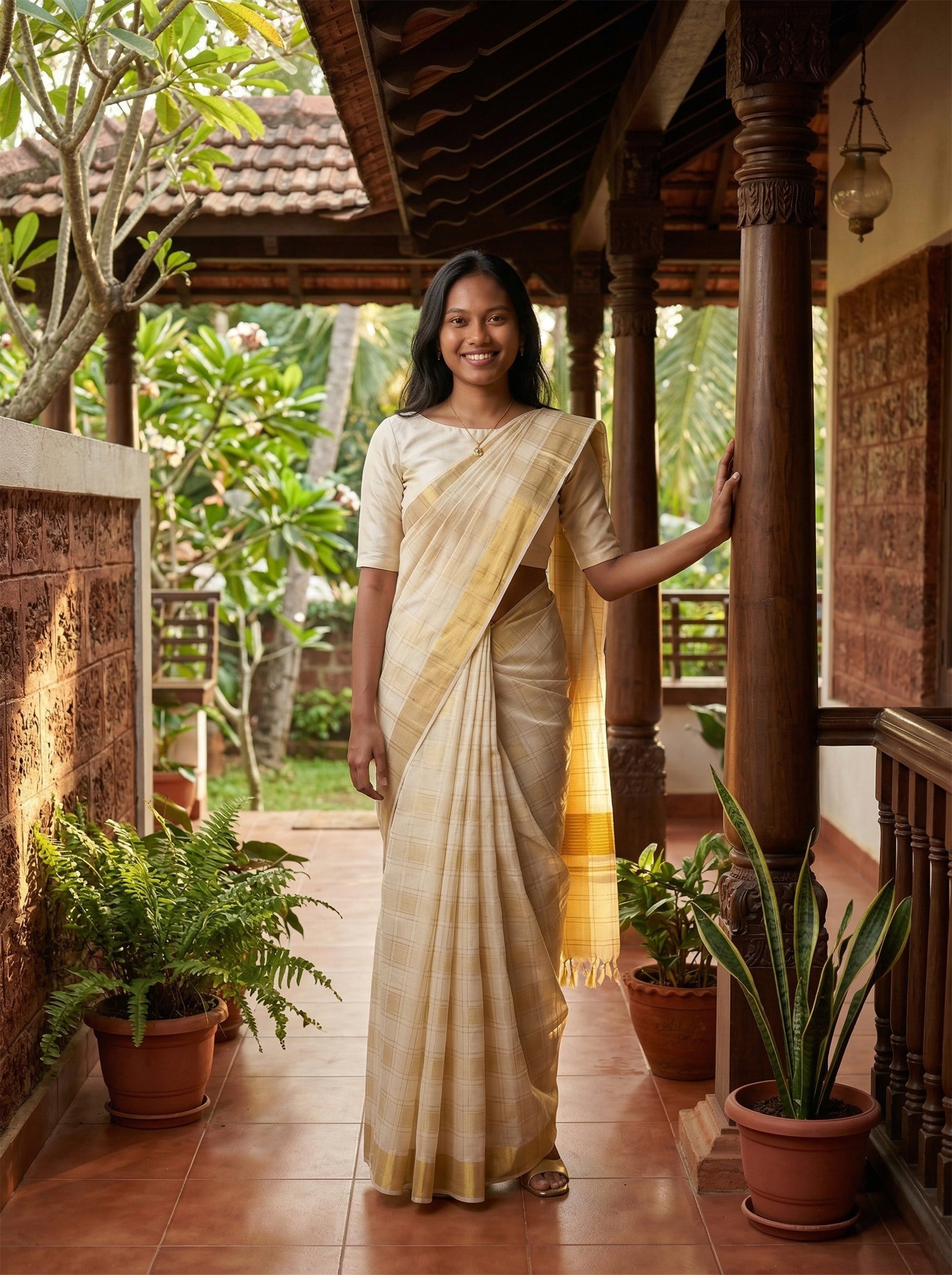 Woman in a traditional saree standing on a wooden porch with plants around.