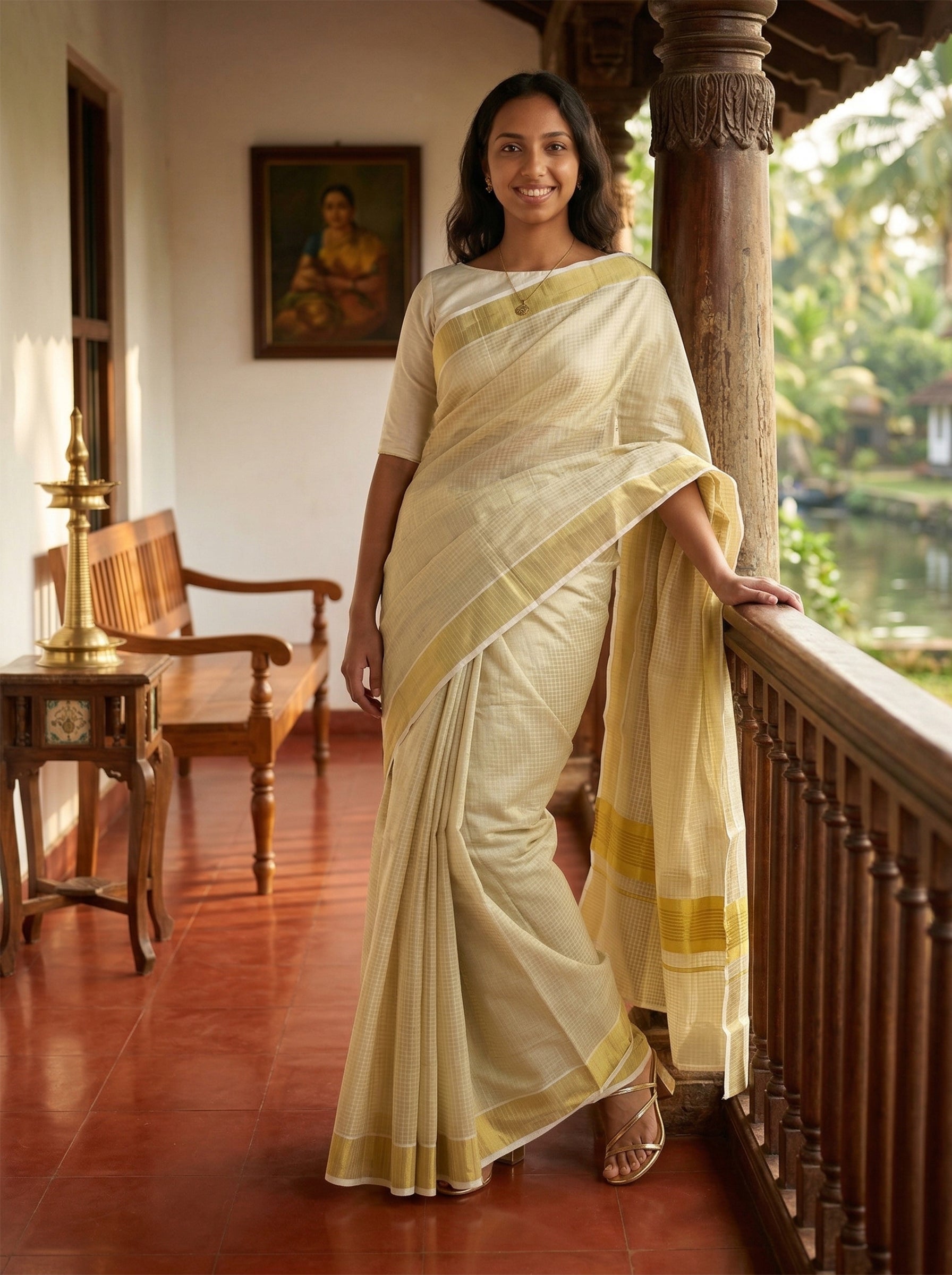 Woman in a Cream saree standing on a wooden floor with a painting and furniture in the background.