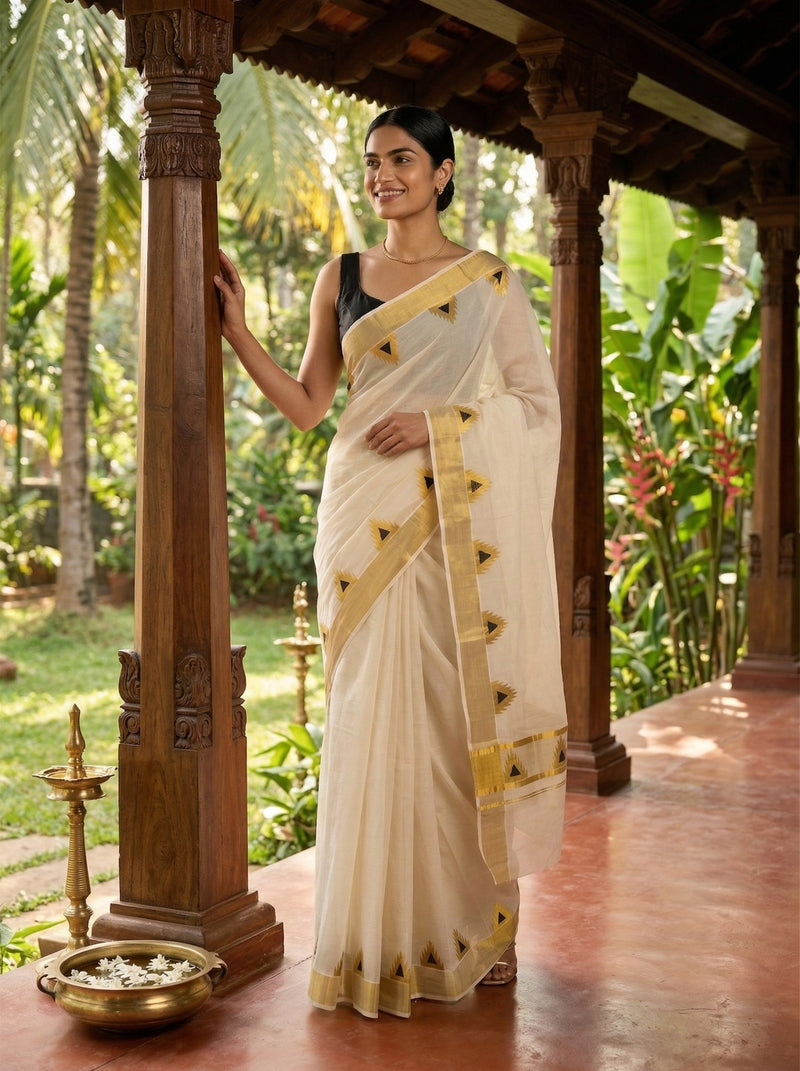 Woman in a white saree with gold patterns standing in a garden setting.