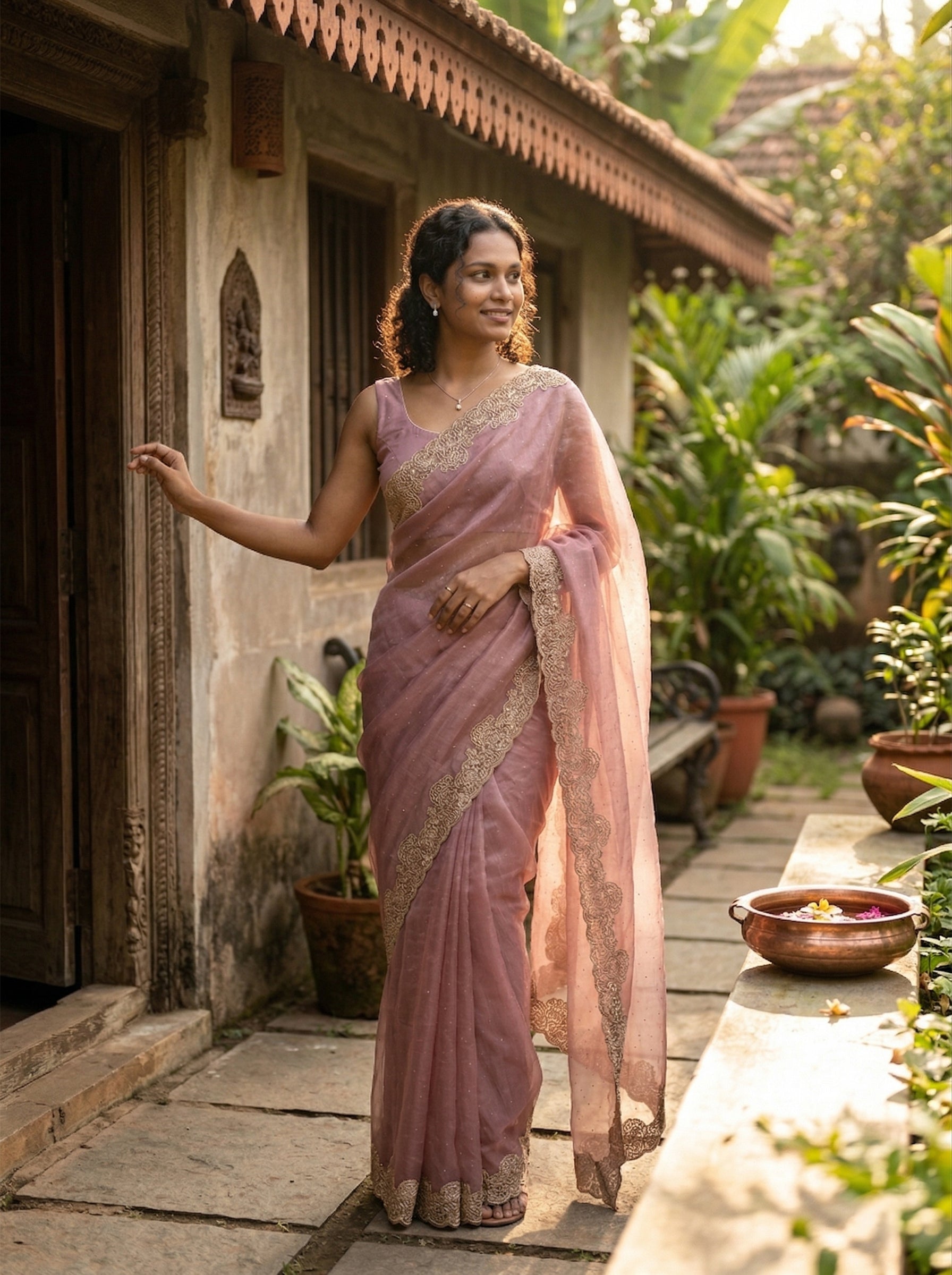 Woman in a pink saree standing outdoors near a traditional building with plants around.