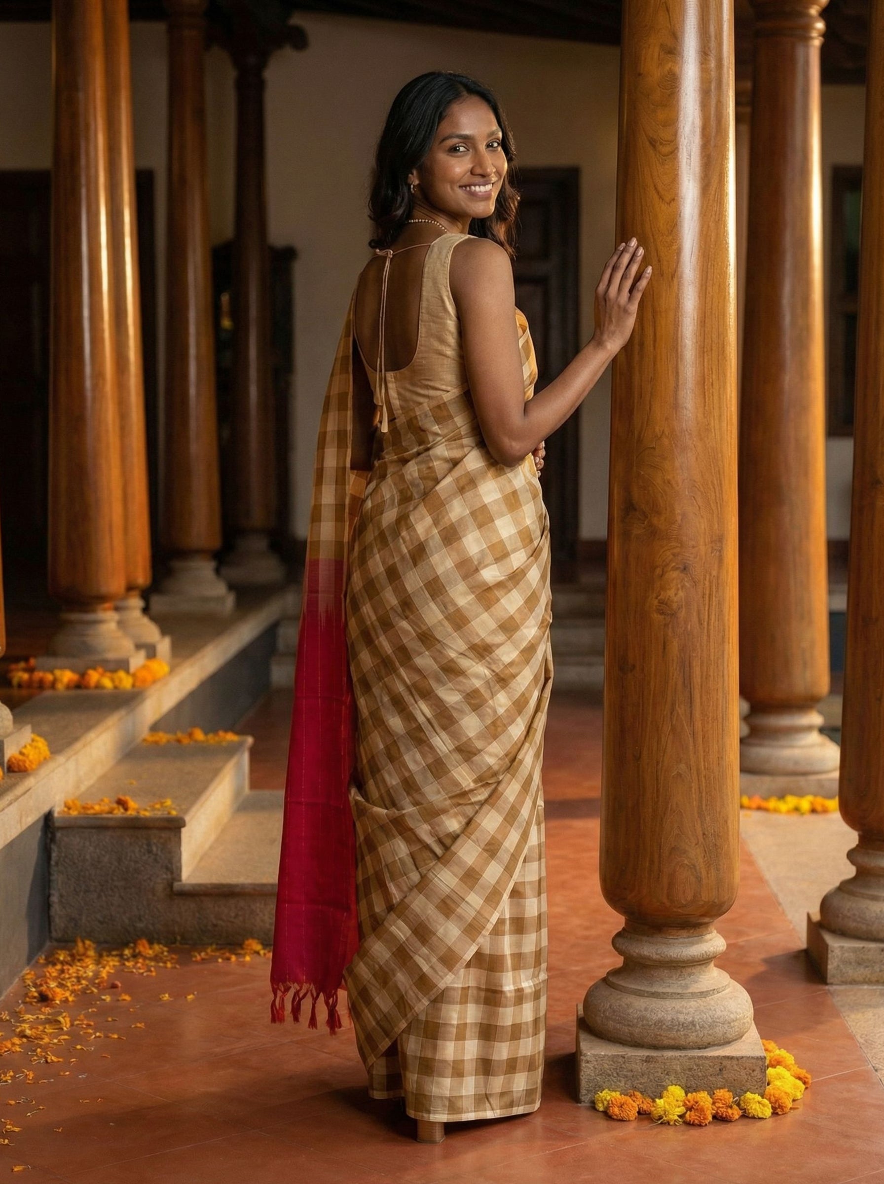 Kanjivaram Pure Silk Beige Checked Saree with Pink Border
