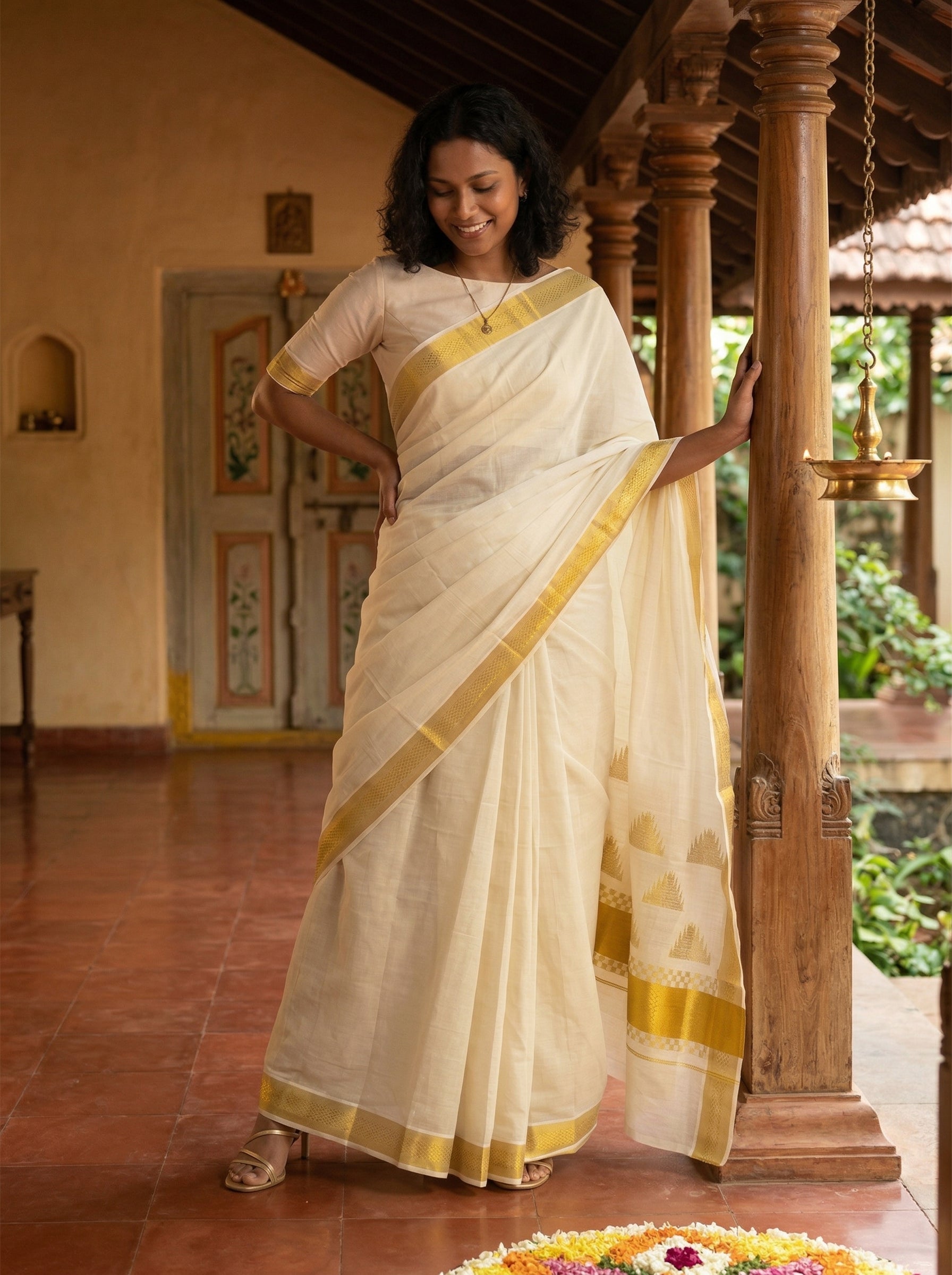 Woman in a white saree with gold border standing in a traditional setting