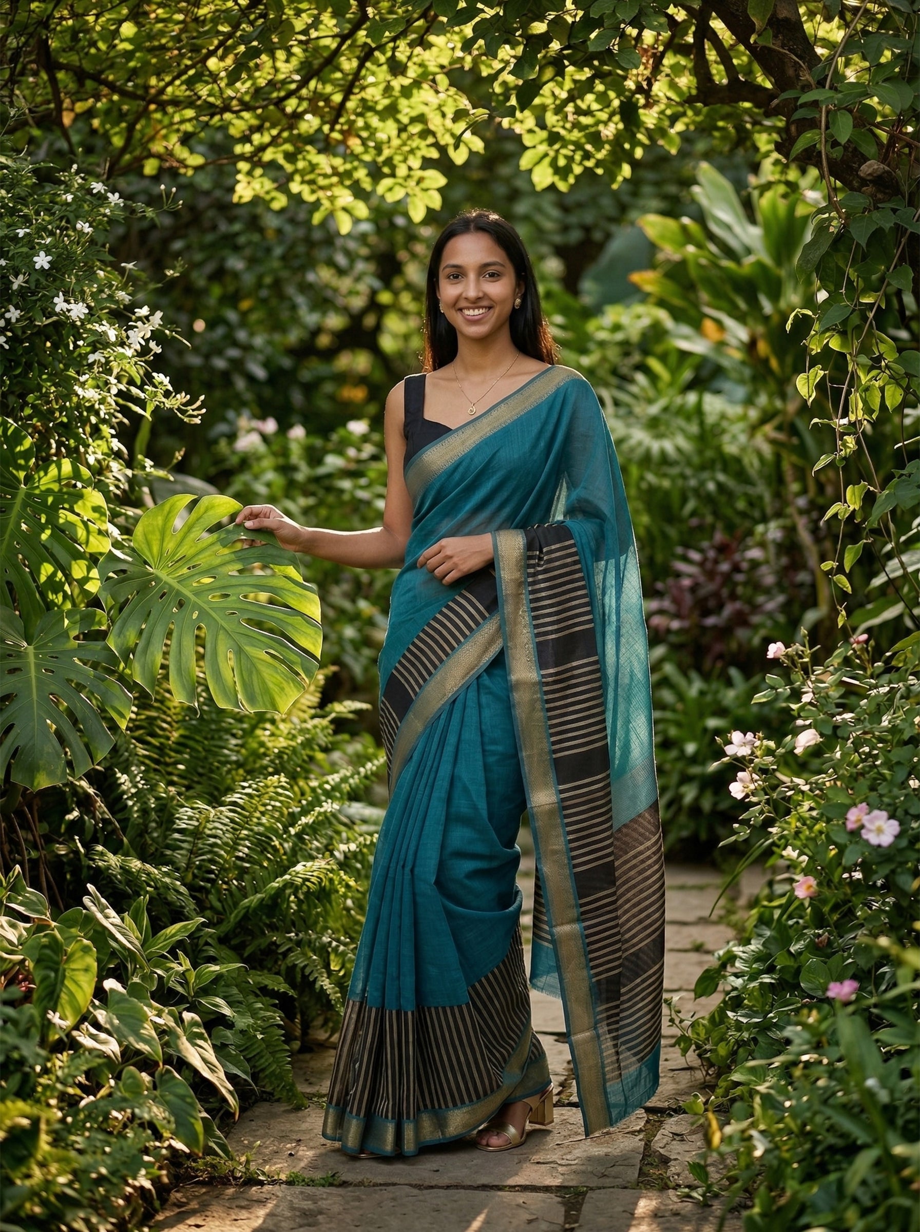 Chanderi Cotton Teal Blue And Black Striped Saree