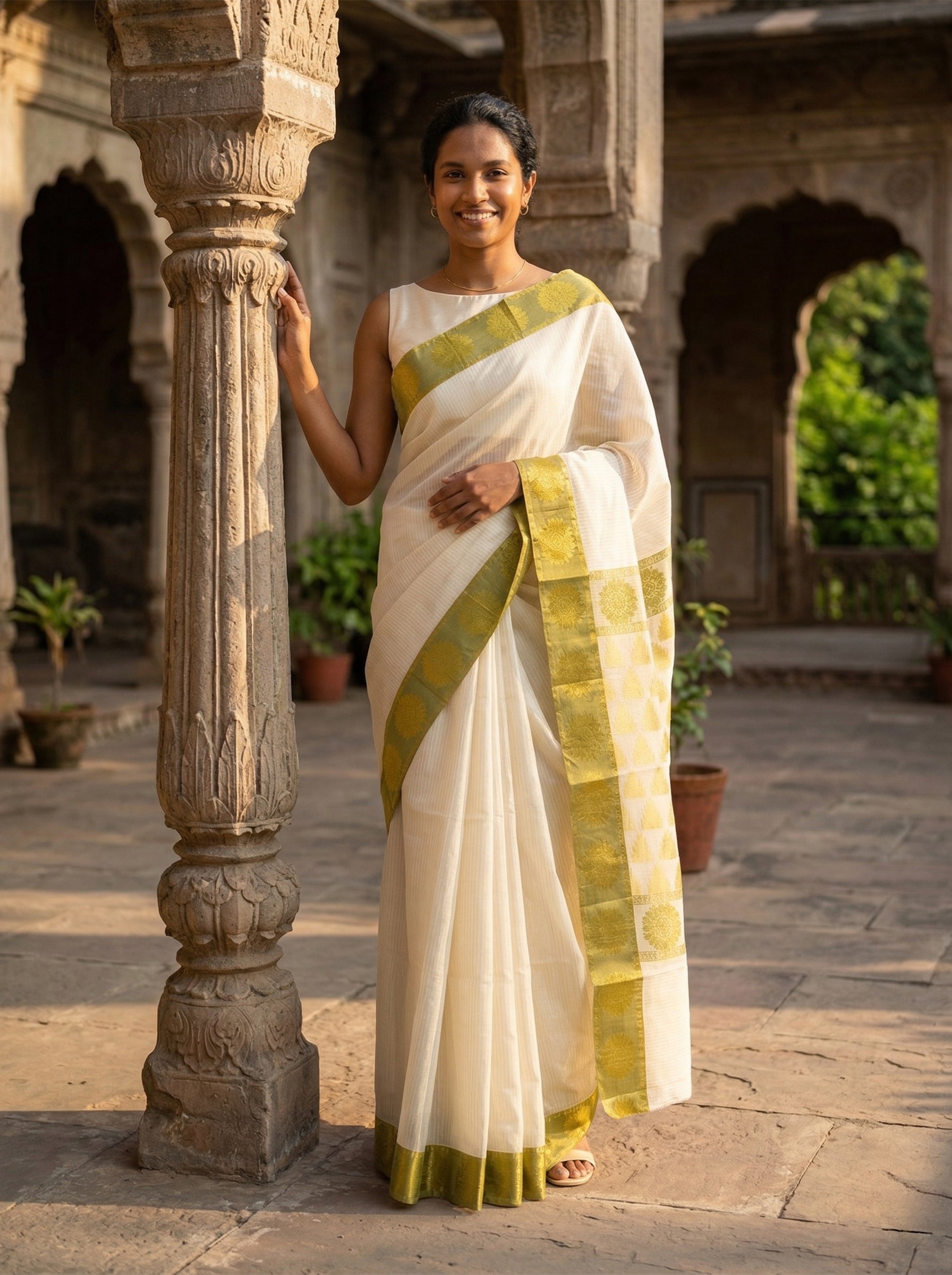 Woman in a white saree with green borders standing in an outdoor setting.