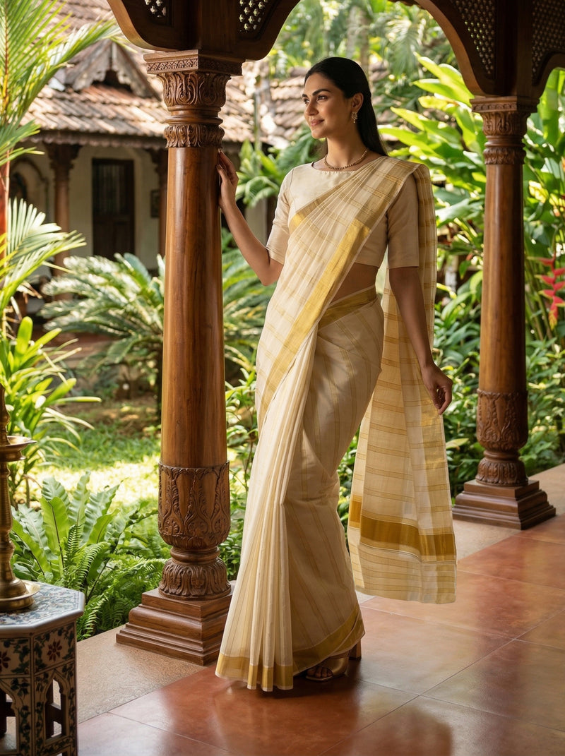 Woman in a traditional saree standing in a lush garden setting