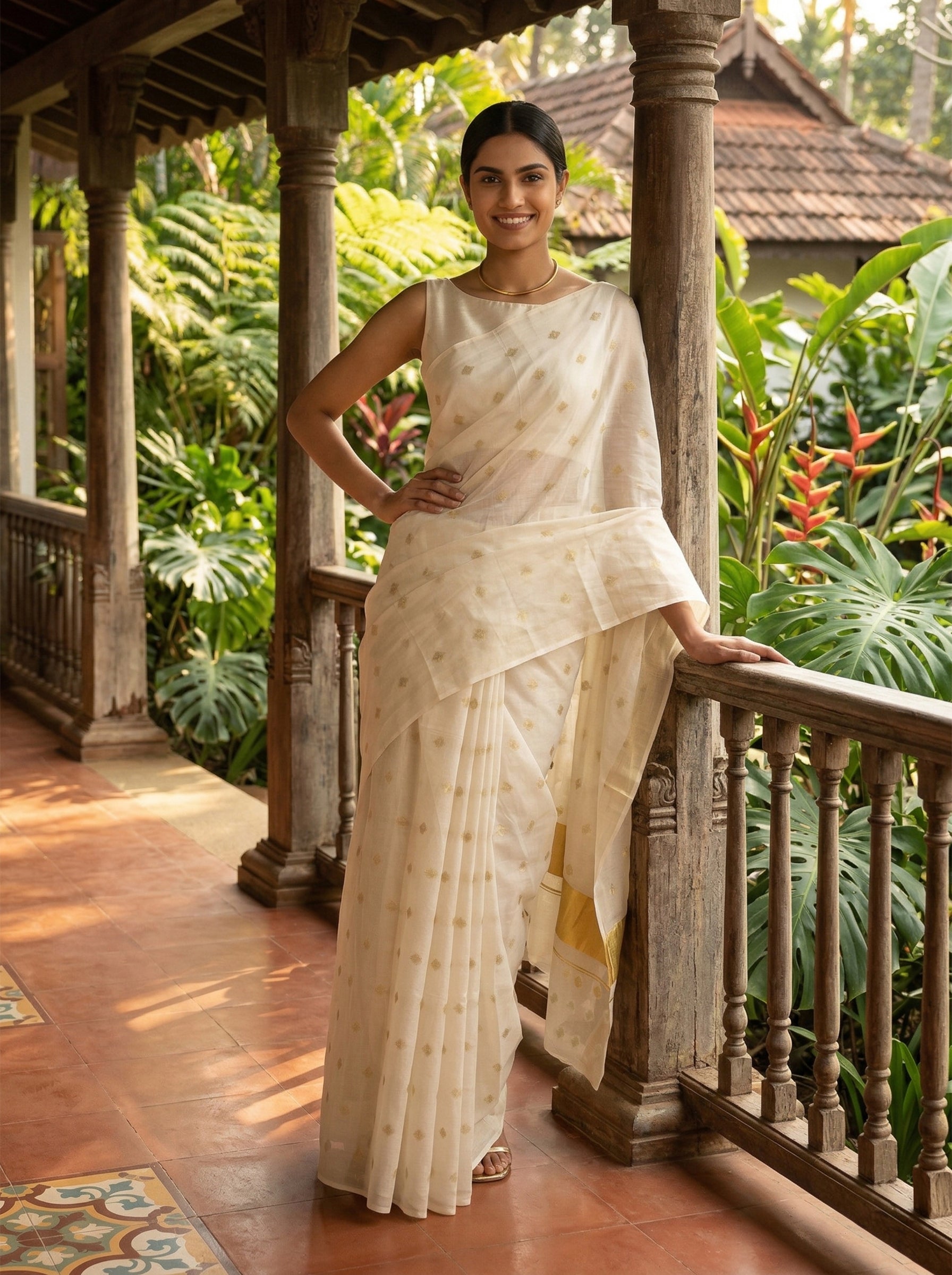 Woman in a white saree standing on a wooden porch with lush greenery in the background