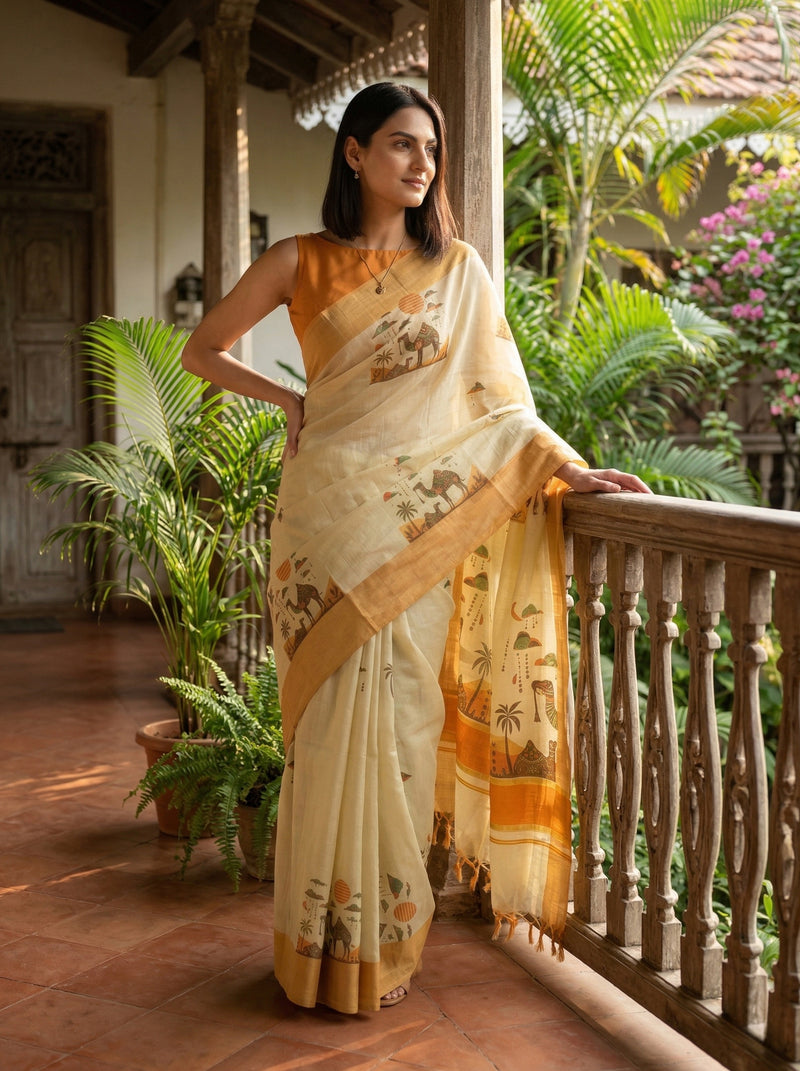 Woman in a traditional saree standing on a balcony with greenery in the background