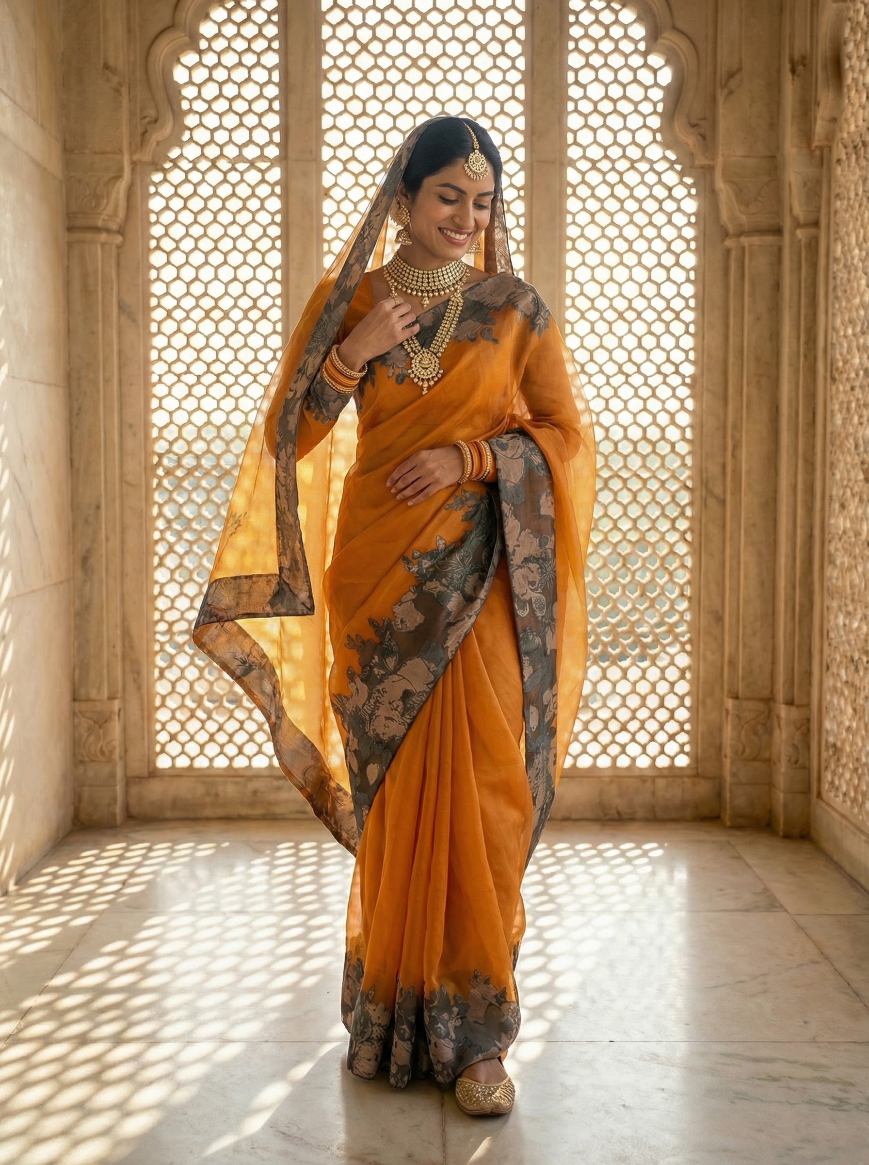 Mustard Flame Black Bloom Saree